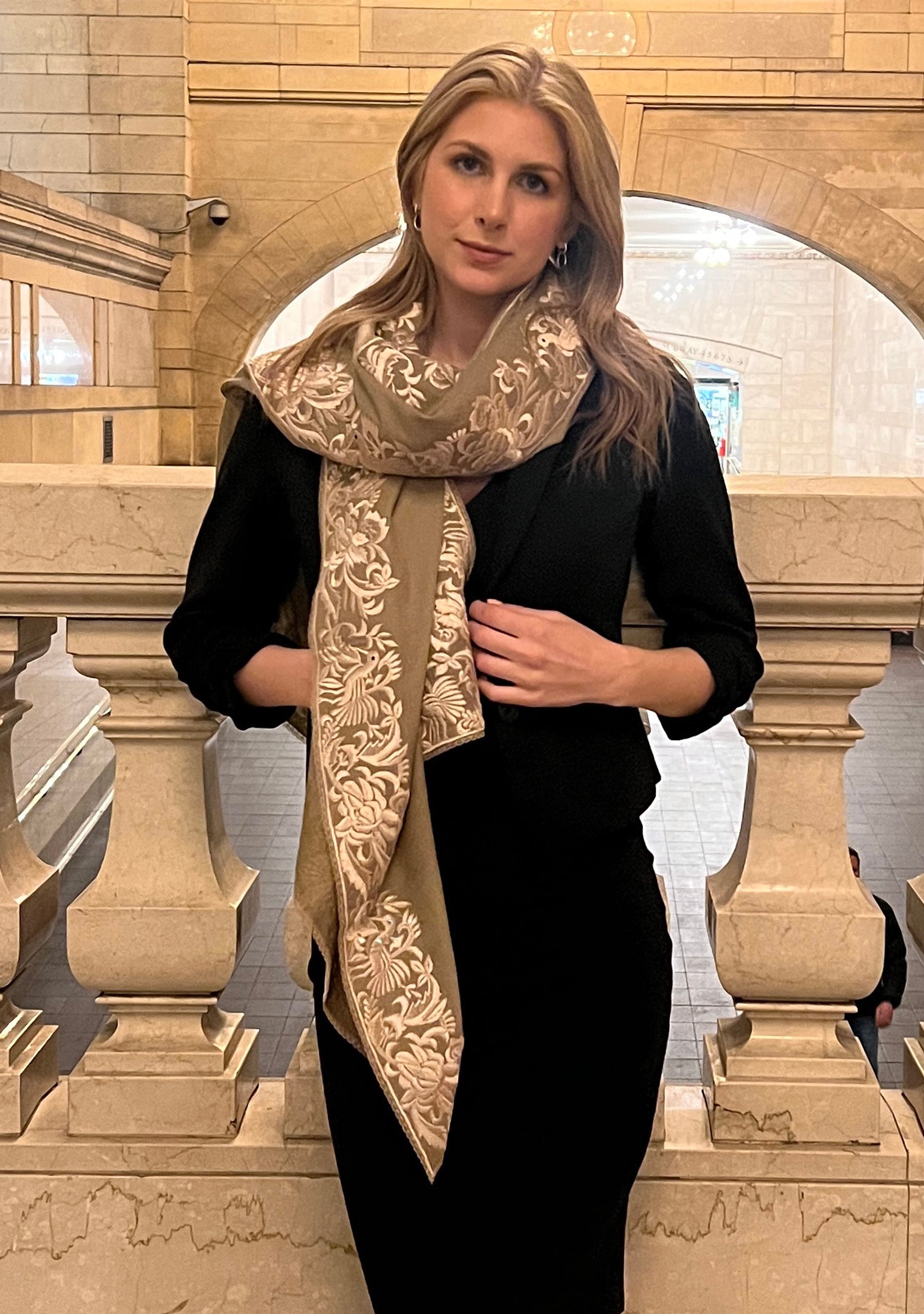 Natural Cashmere Scarf Beige Embroidery & Natural Lace