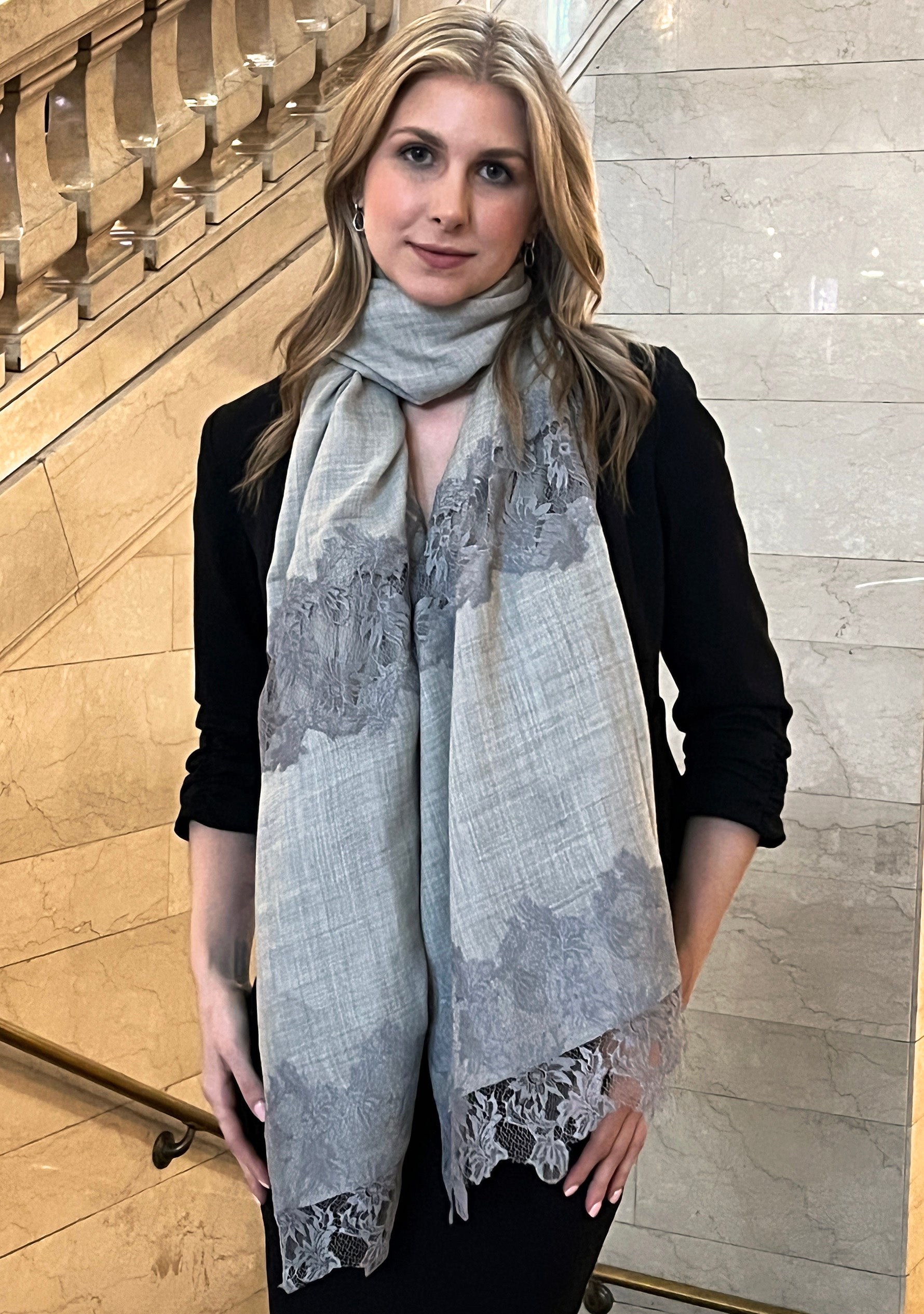 Lt. Gray Melange Wool & Silk ScarfDk. Gray Lace