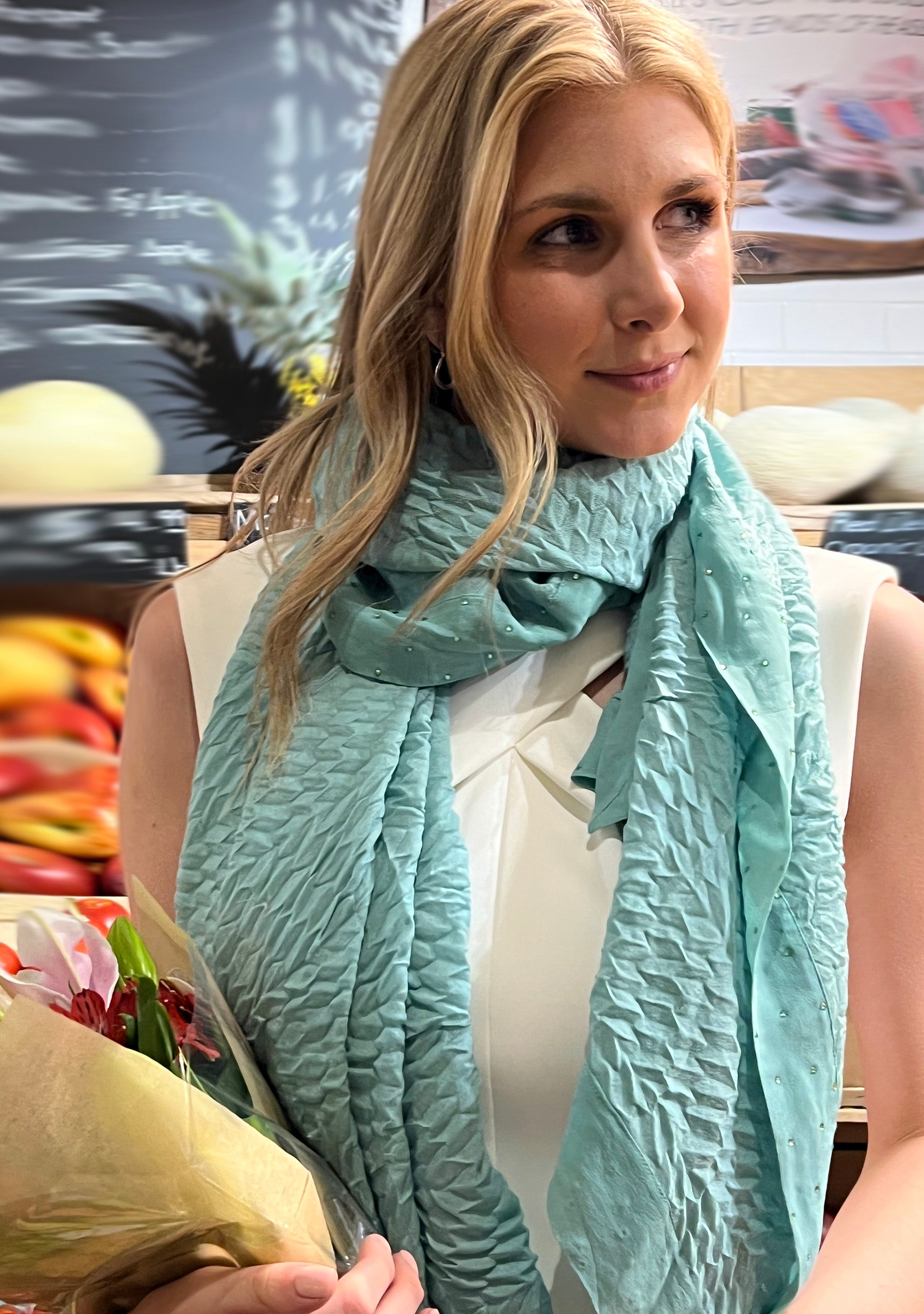 Foam Green Wool & Silk Scarf Crystal Border