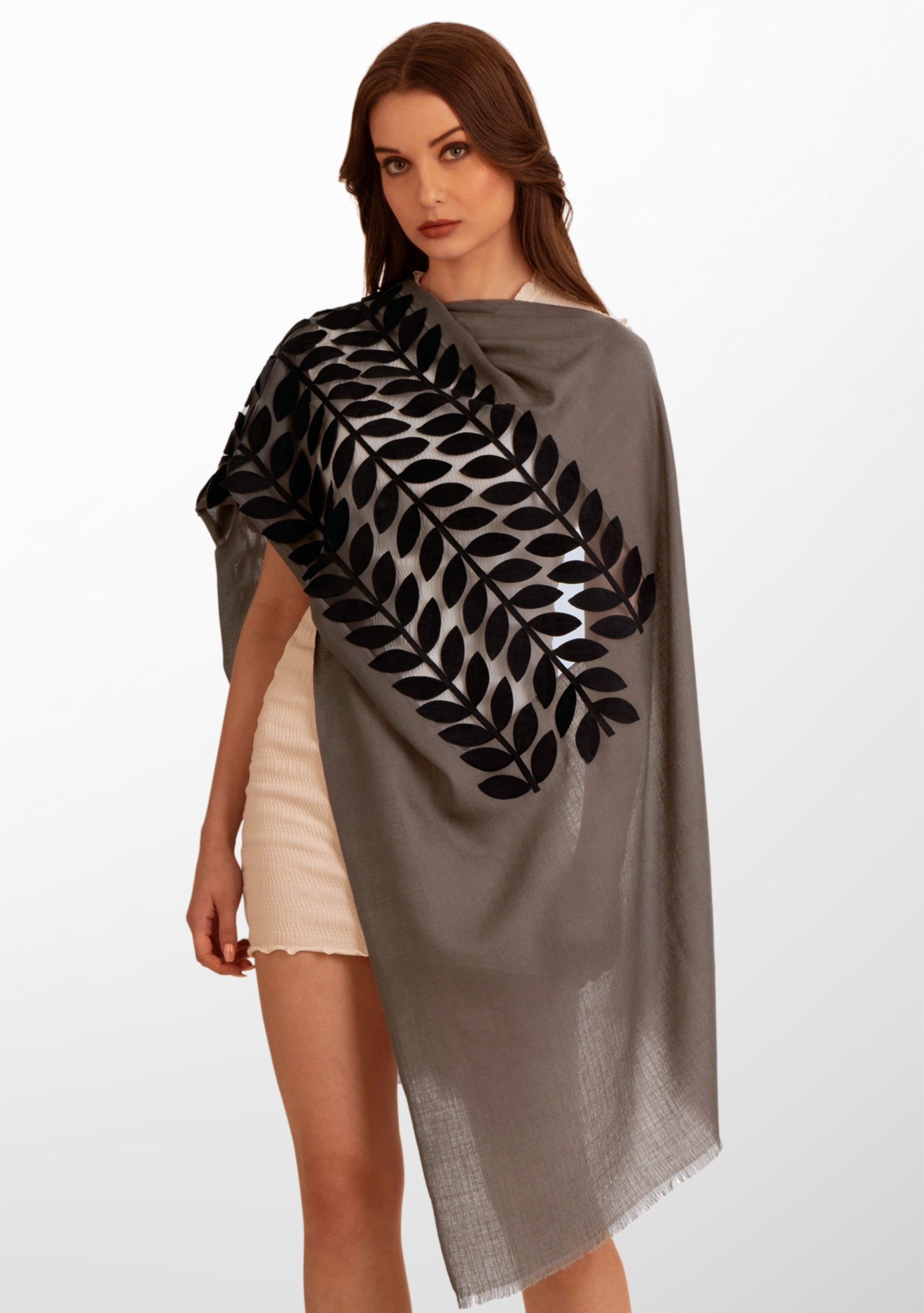 Mousse Cashmere Scarf 
Charcoal Suede Leather Appliqués