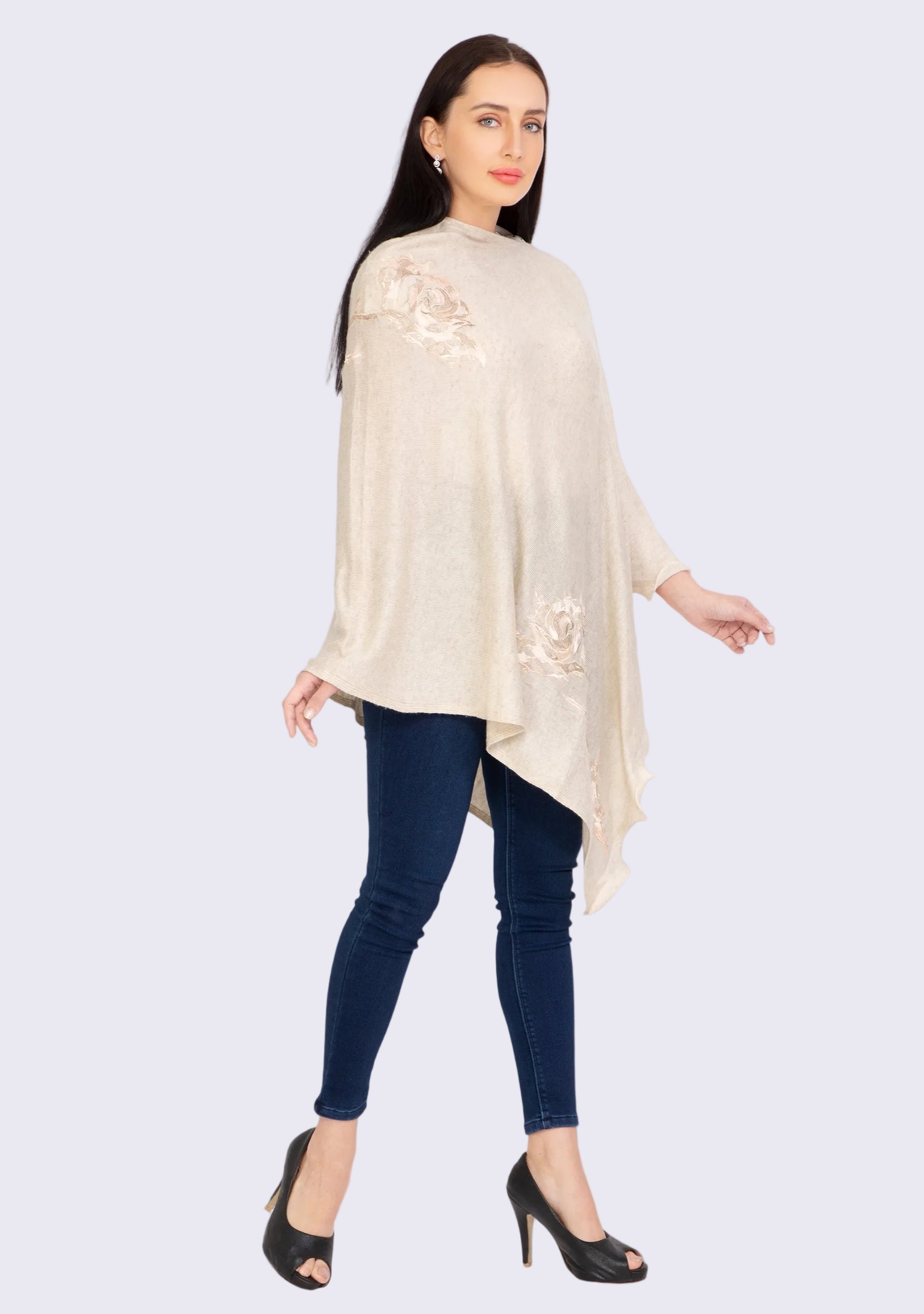 Oatmeal Melange Wool PonchoLt. Gold Applique