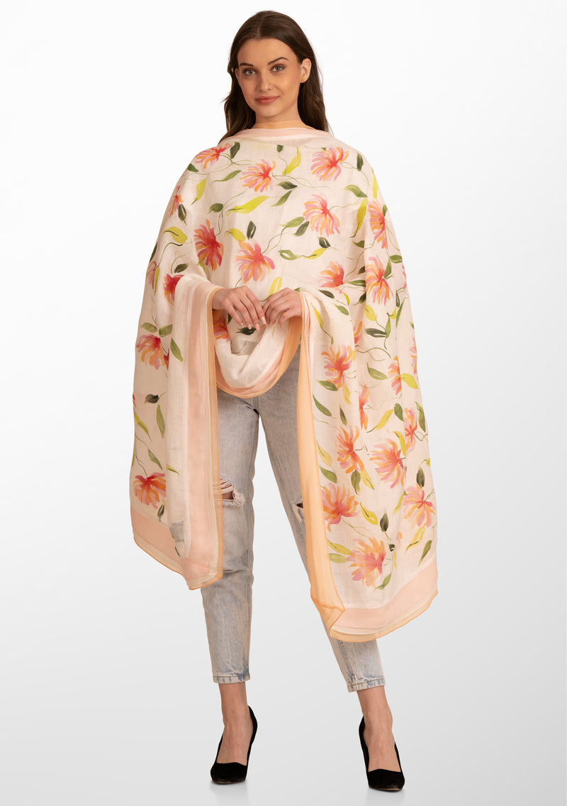 Ivory Linen and Modal Scarf with Hand-Painted Full Bloom Design and a Multicolor Frill and Ivory Lace Border