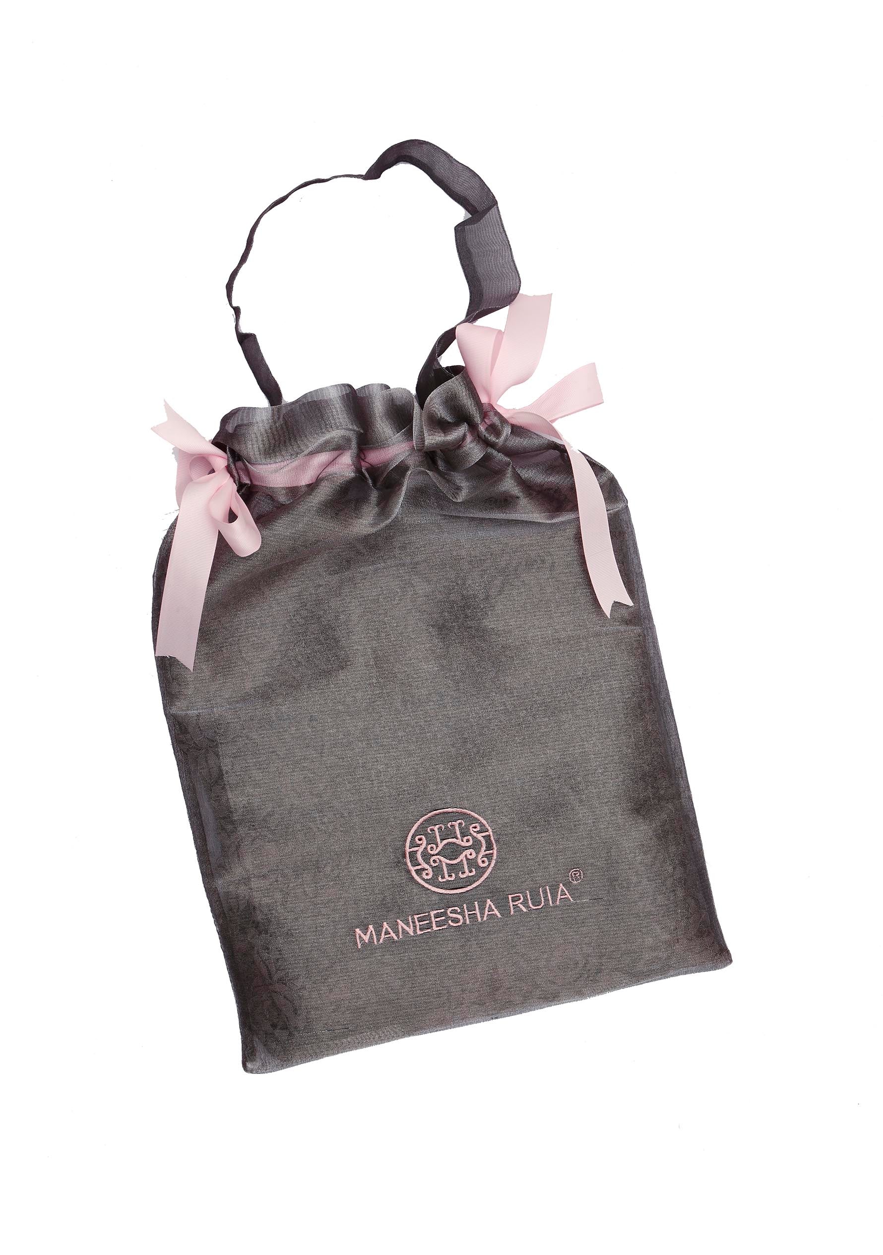 MANEESHA RUIA DESIGNER GREY GIFT BAG WOTH BRAND LOGO EMBROIDERY AND PINK RIBBON