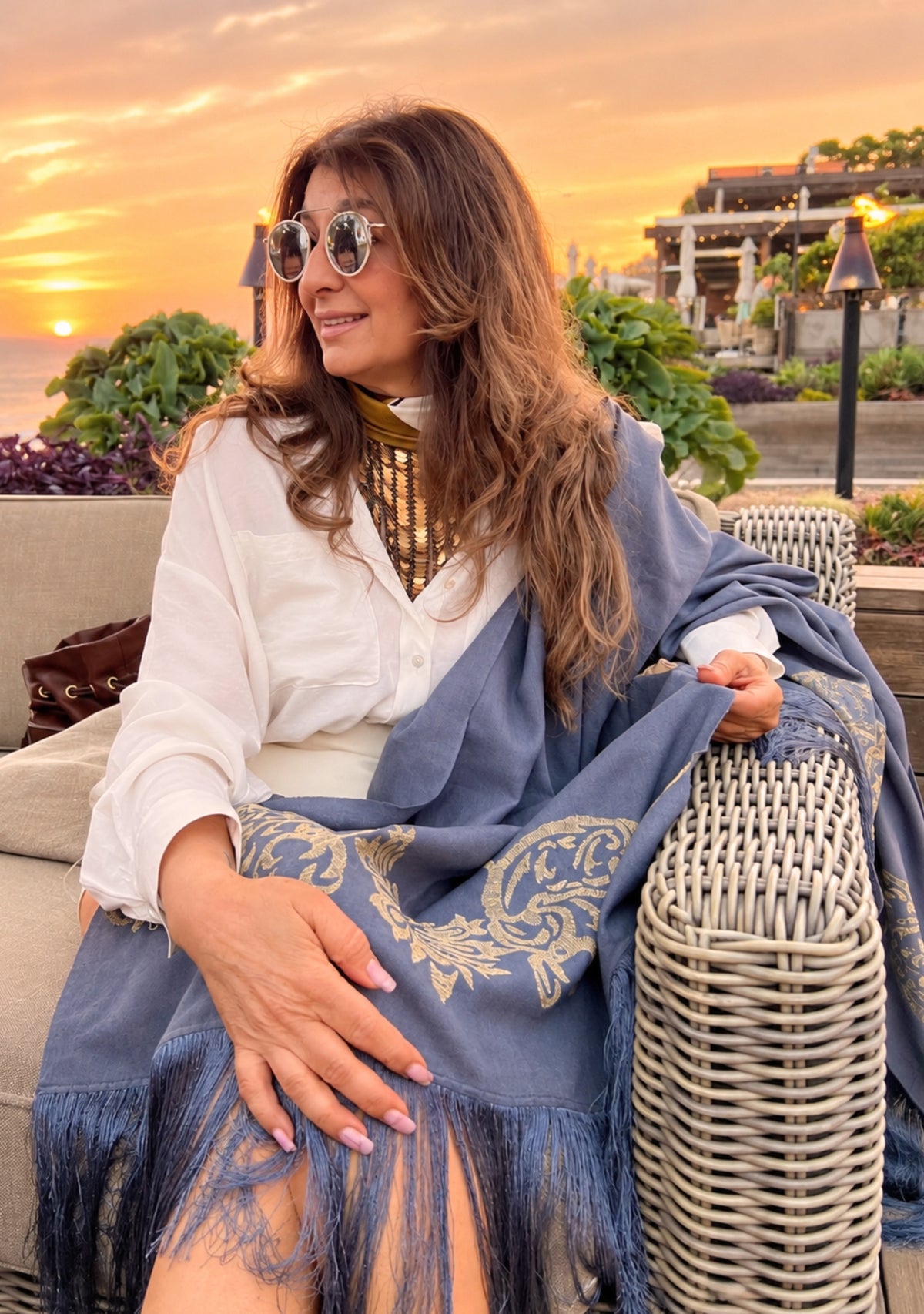 Maneesha Ruia Clara Dark Gray Fine Wool Scarf with gold metallic embroidery and dark gray fringes