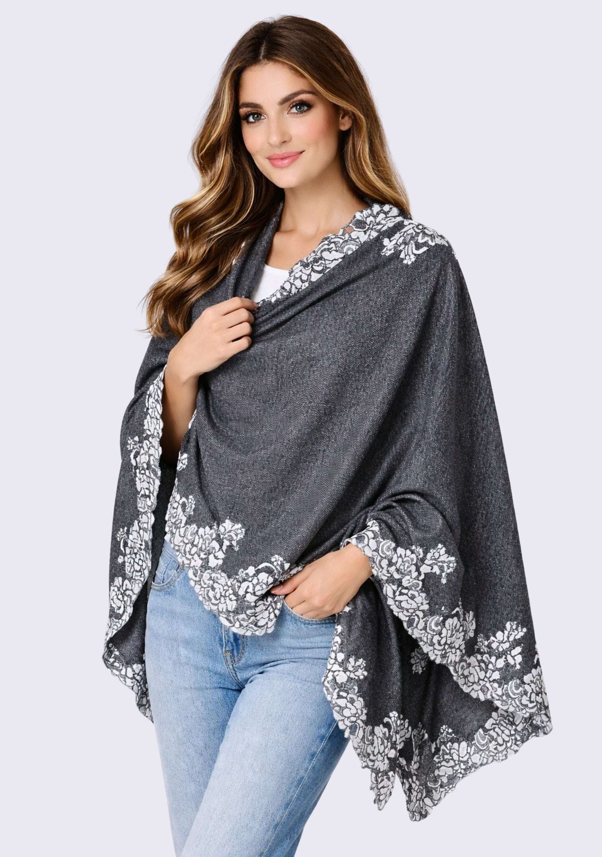 Maneesha Ruia Dark Gray Melange Wool Poncho with ivory Chantilly lace border and black outlines