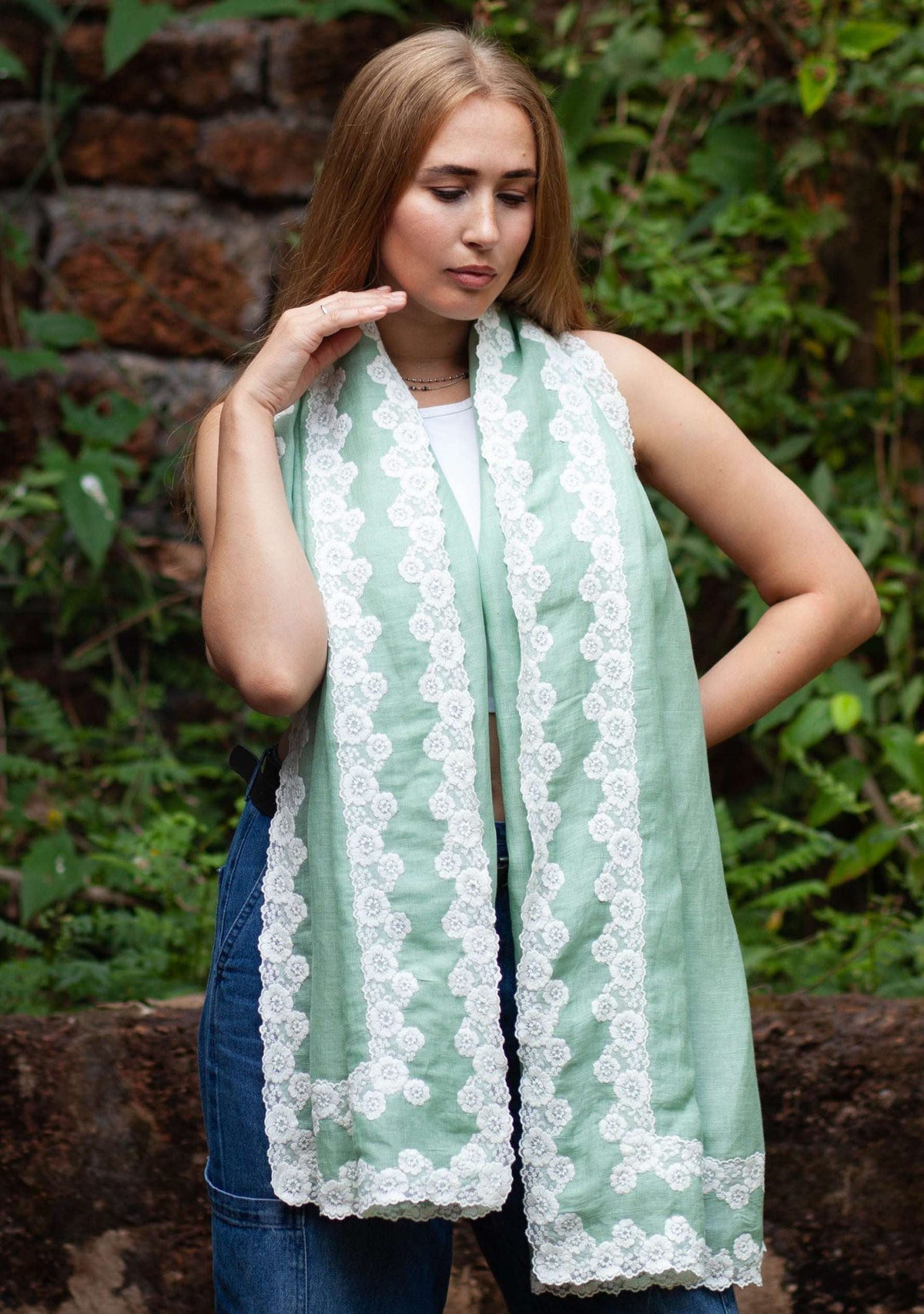 Maneesha Ruia Light Sage Green Linen Modal Scarf with double white floral lace border