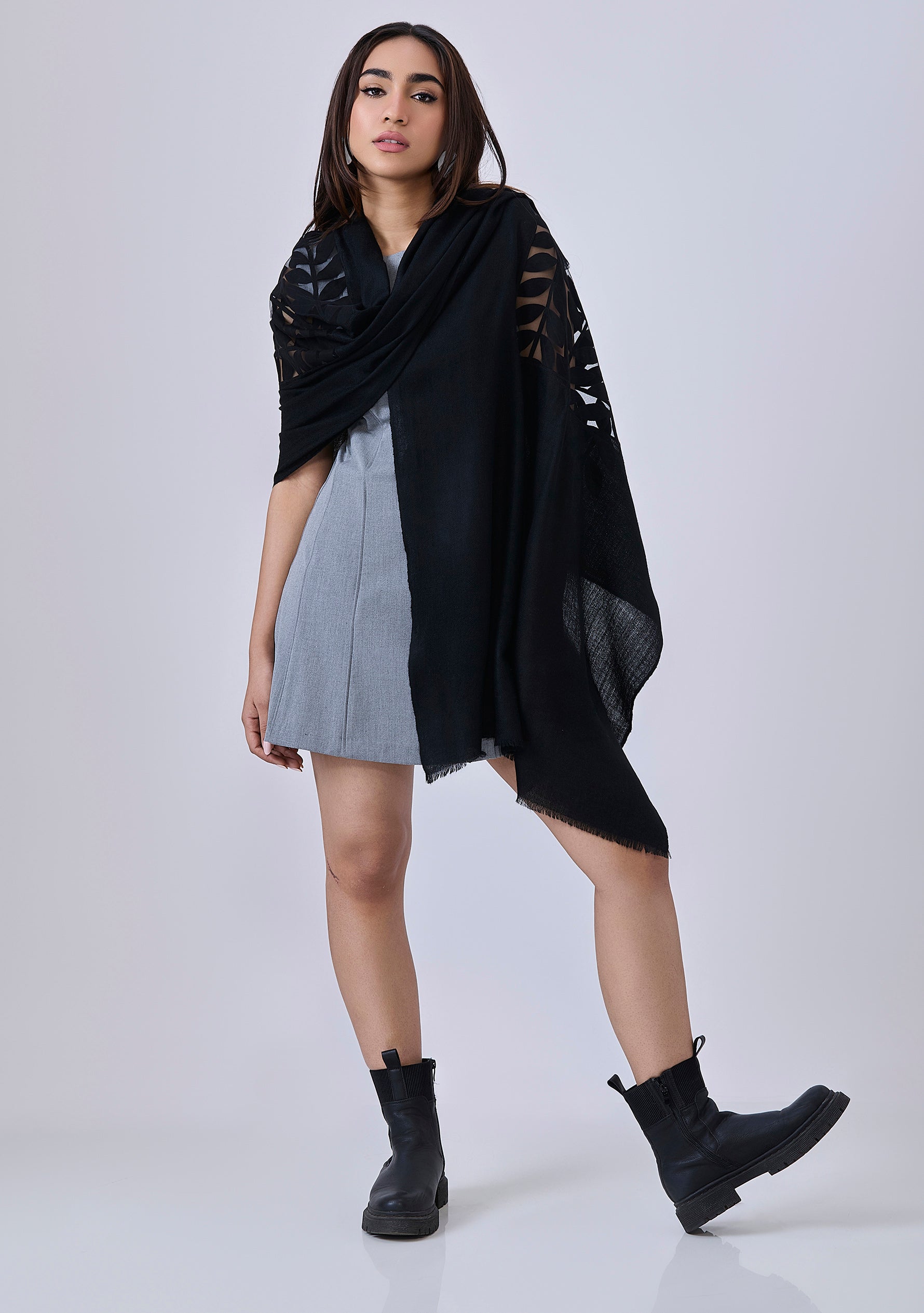Black Cashmere Scarf 
Black Suede Leather Appliqués