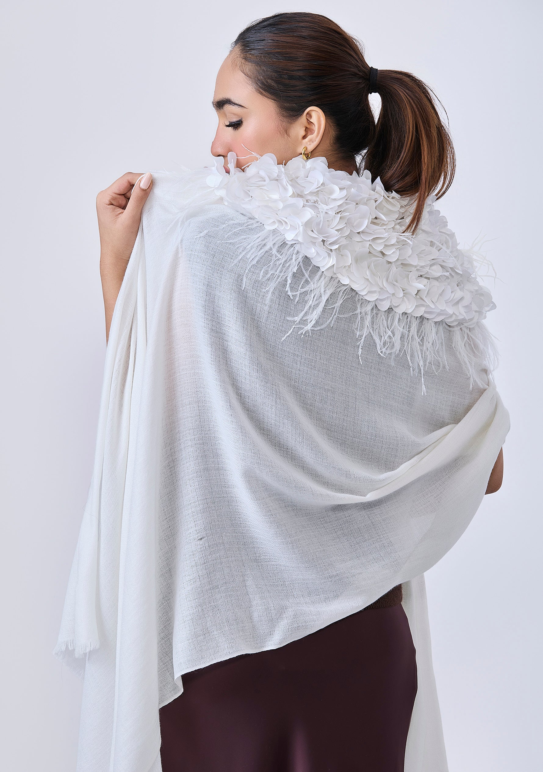 Ivory Cashmere Scarf
Ivory Feather & Satin Appliqués