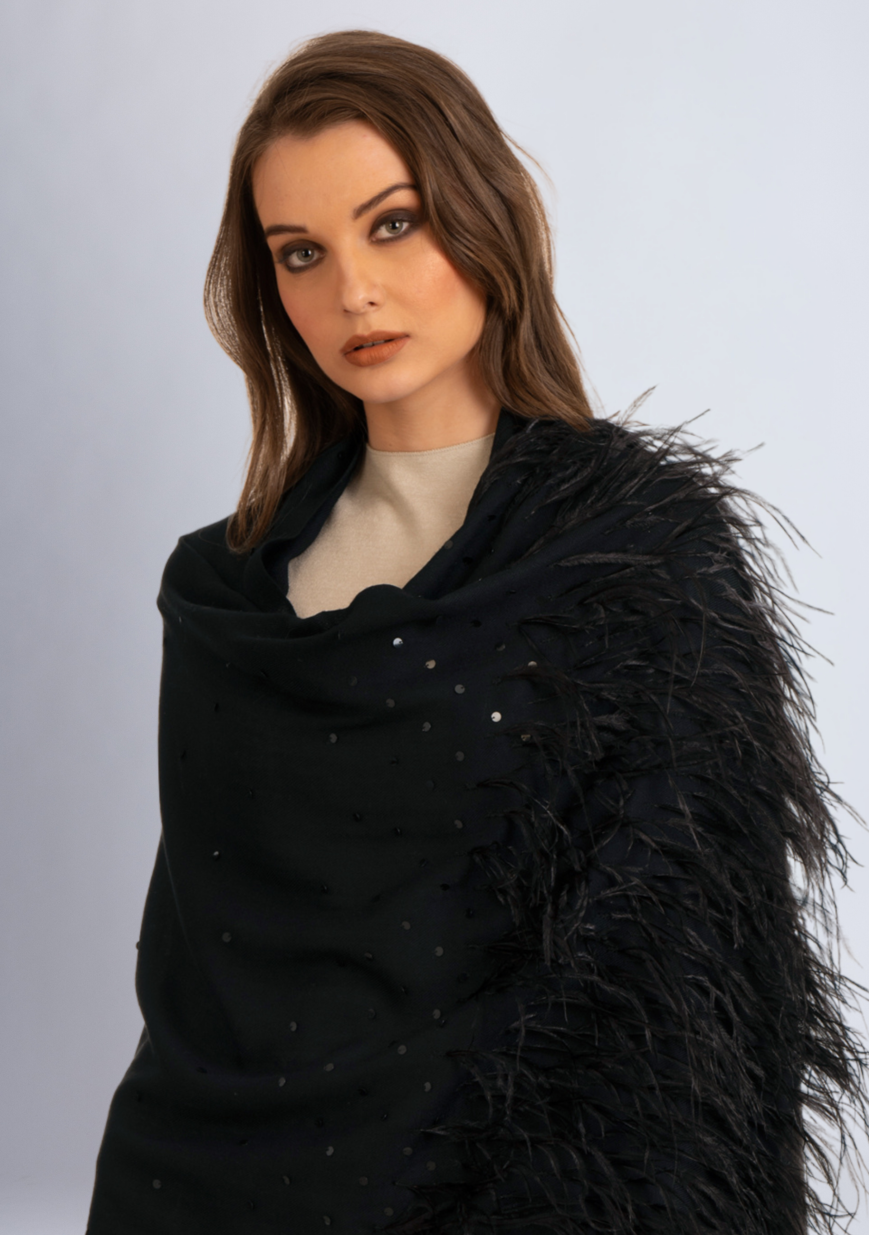 Black Cashmere Pashmina Scarf Black Ostrich Feathers & Sequin