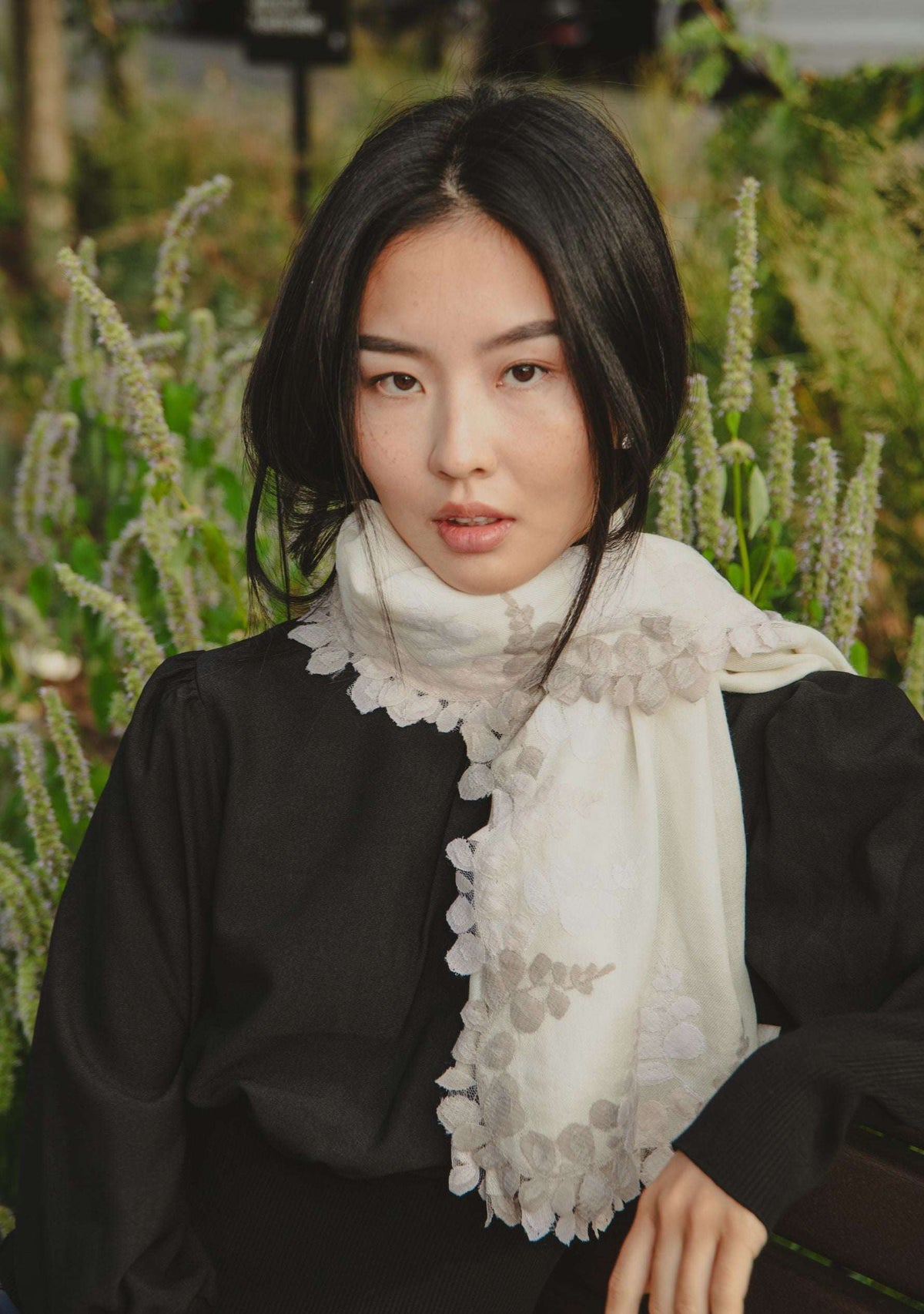 Ivory Wool & Silk Scarf Beige, Natural & Alabaster Lace