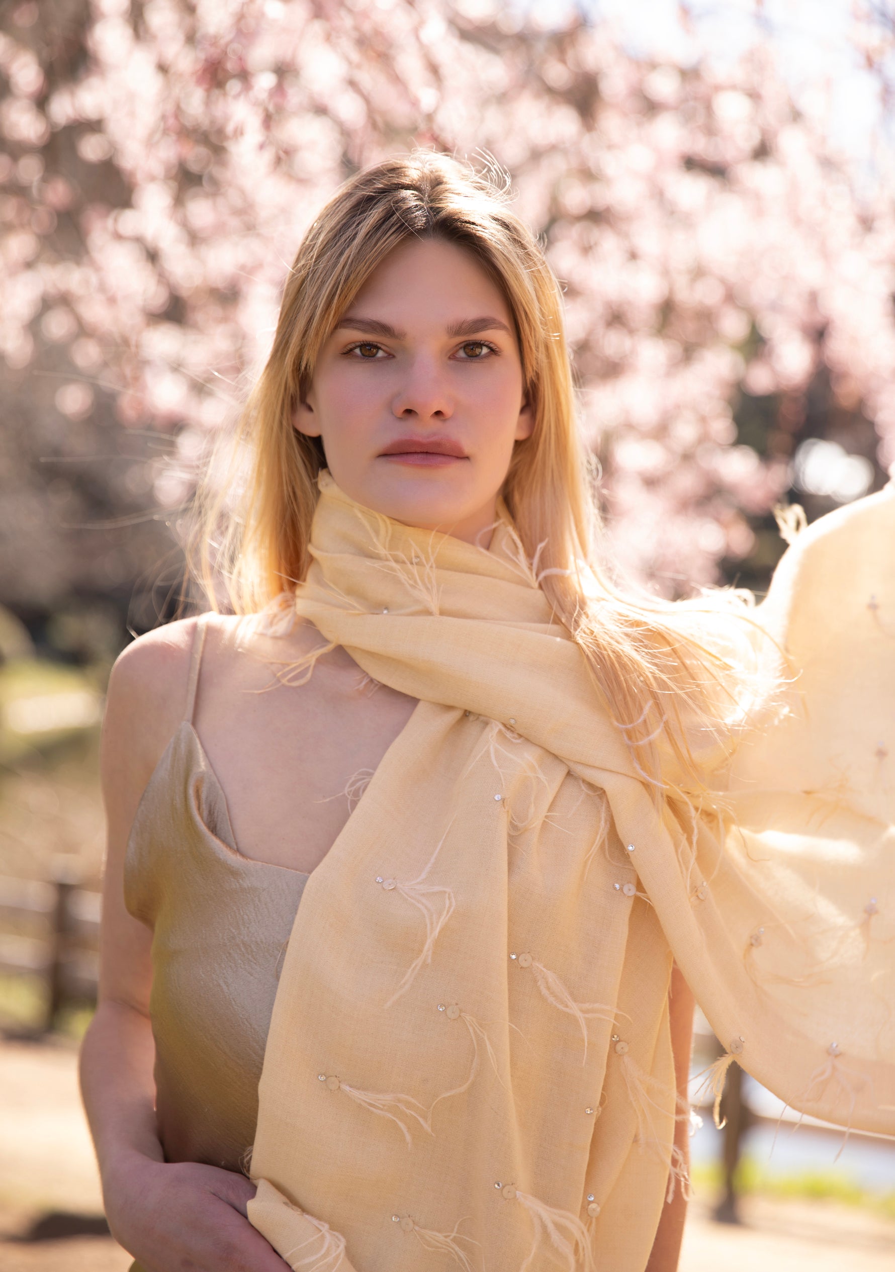 Beige Cashmere Pashmina Scarf Beige Ostrich Feathers & Silver Swarovski Crystal
