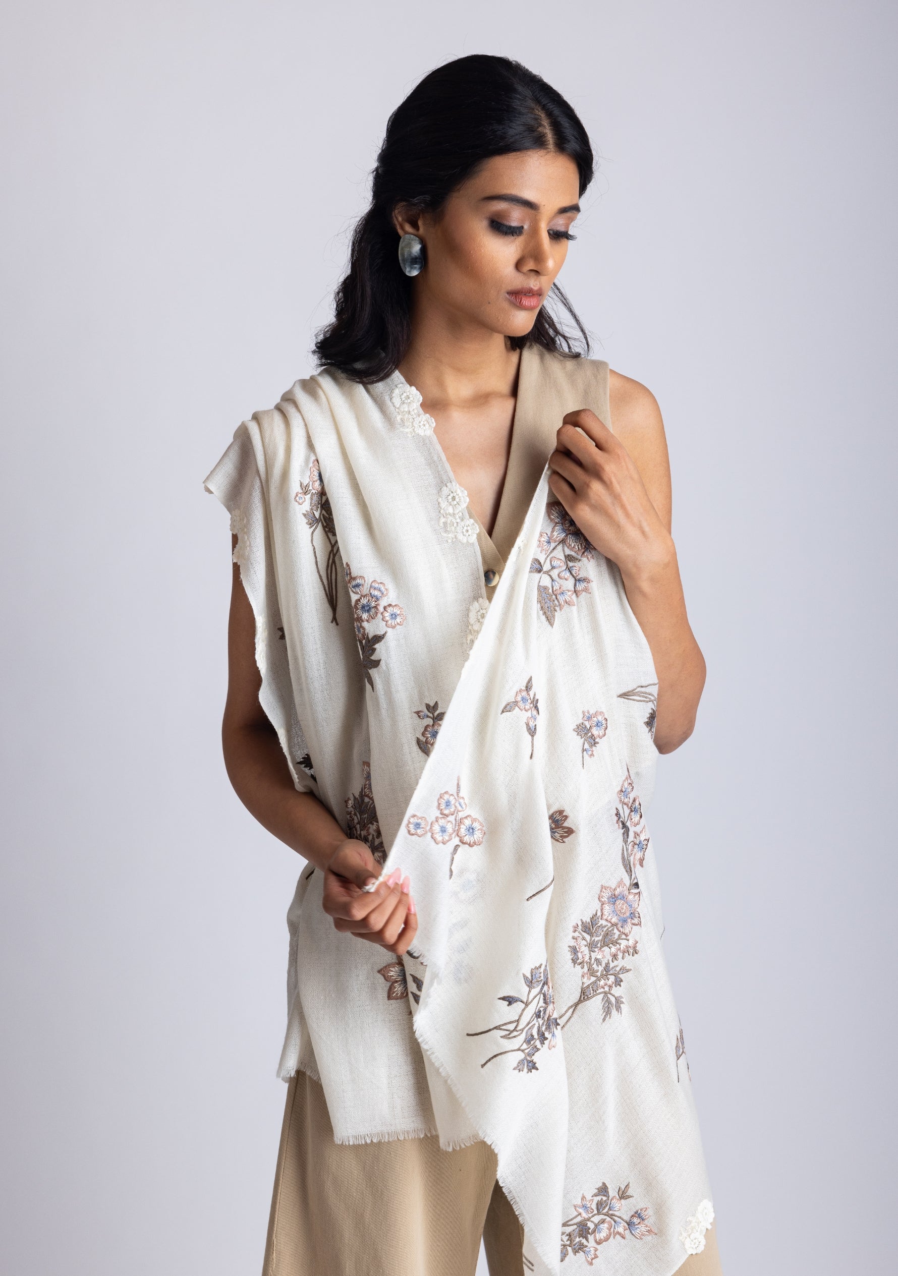 Ivory Cashmere Scarf
 Multi-colored Embroidery & Ivory Lace