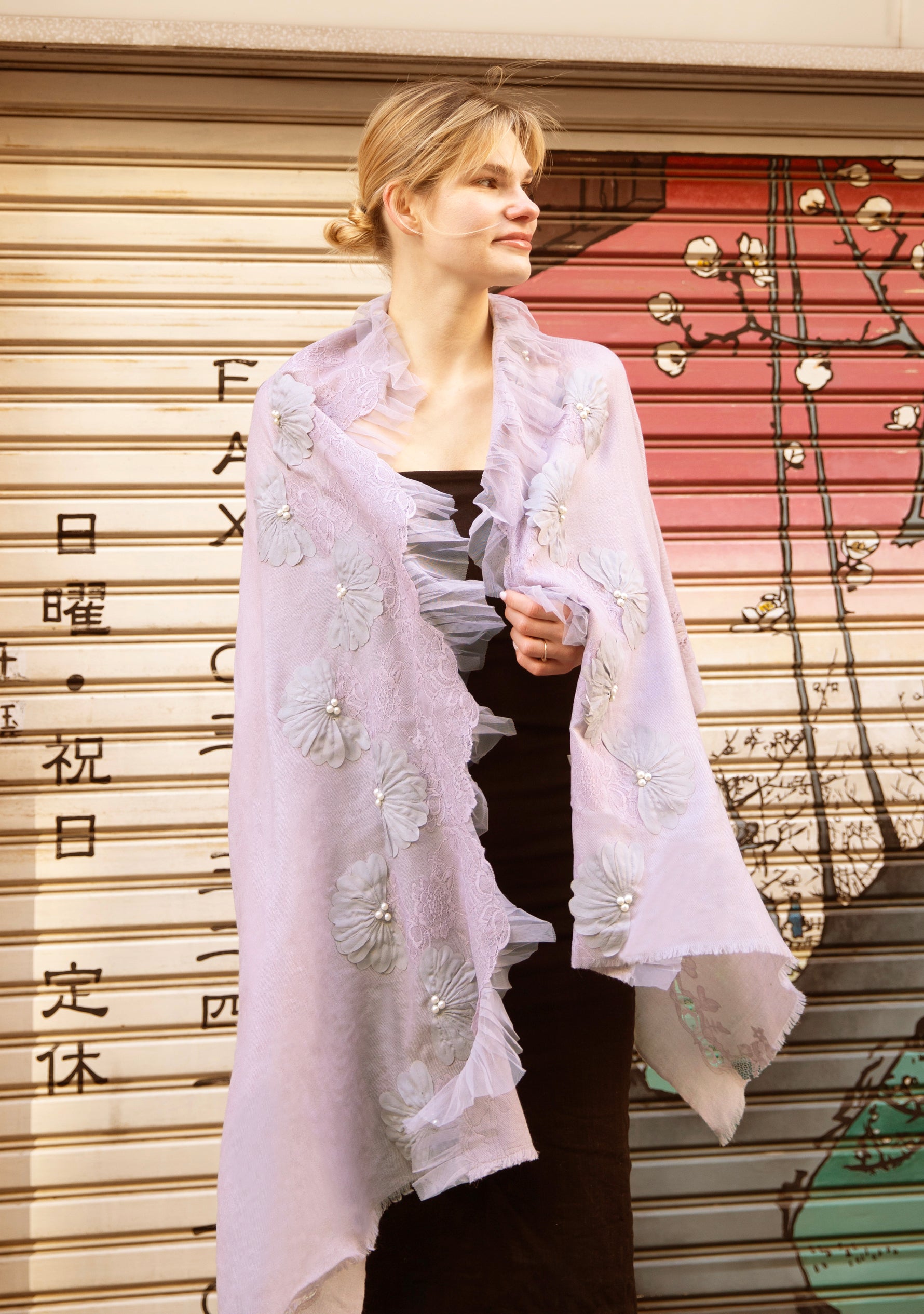 Lavender Cashmere Scarf 
Lavender Appliqués, Frill & Lace
