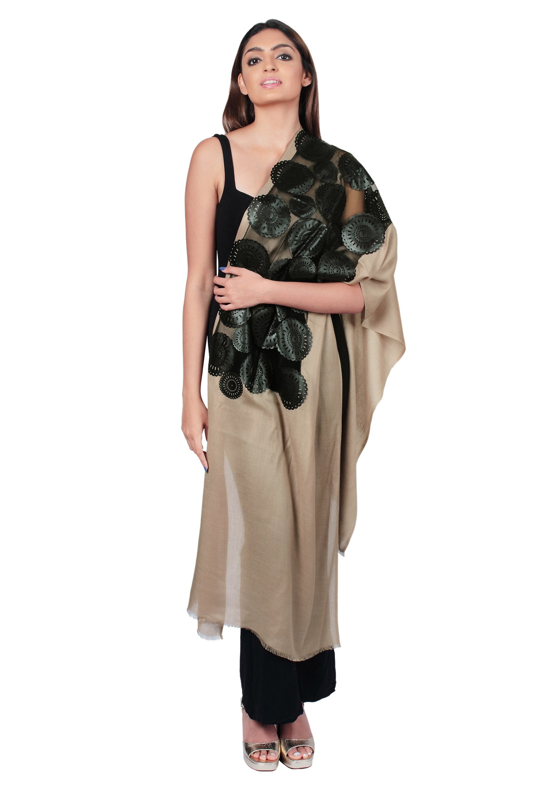 Taupe Modal Scarf 
Black Faux Leather Appliqués