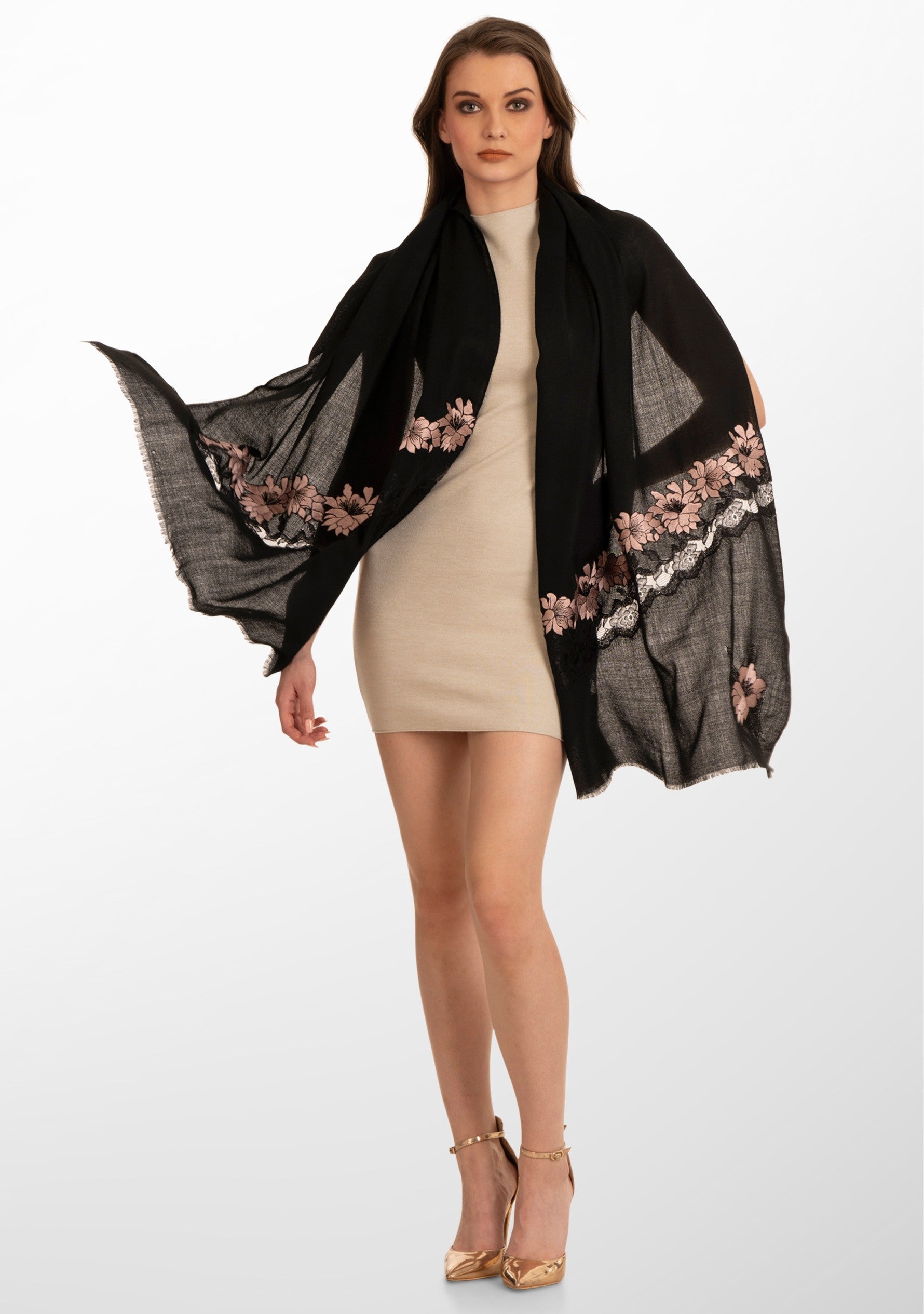 Black Cashmere Scarf 
Lt. Copper Embroidery & Black Lace