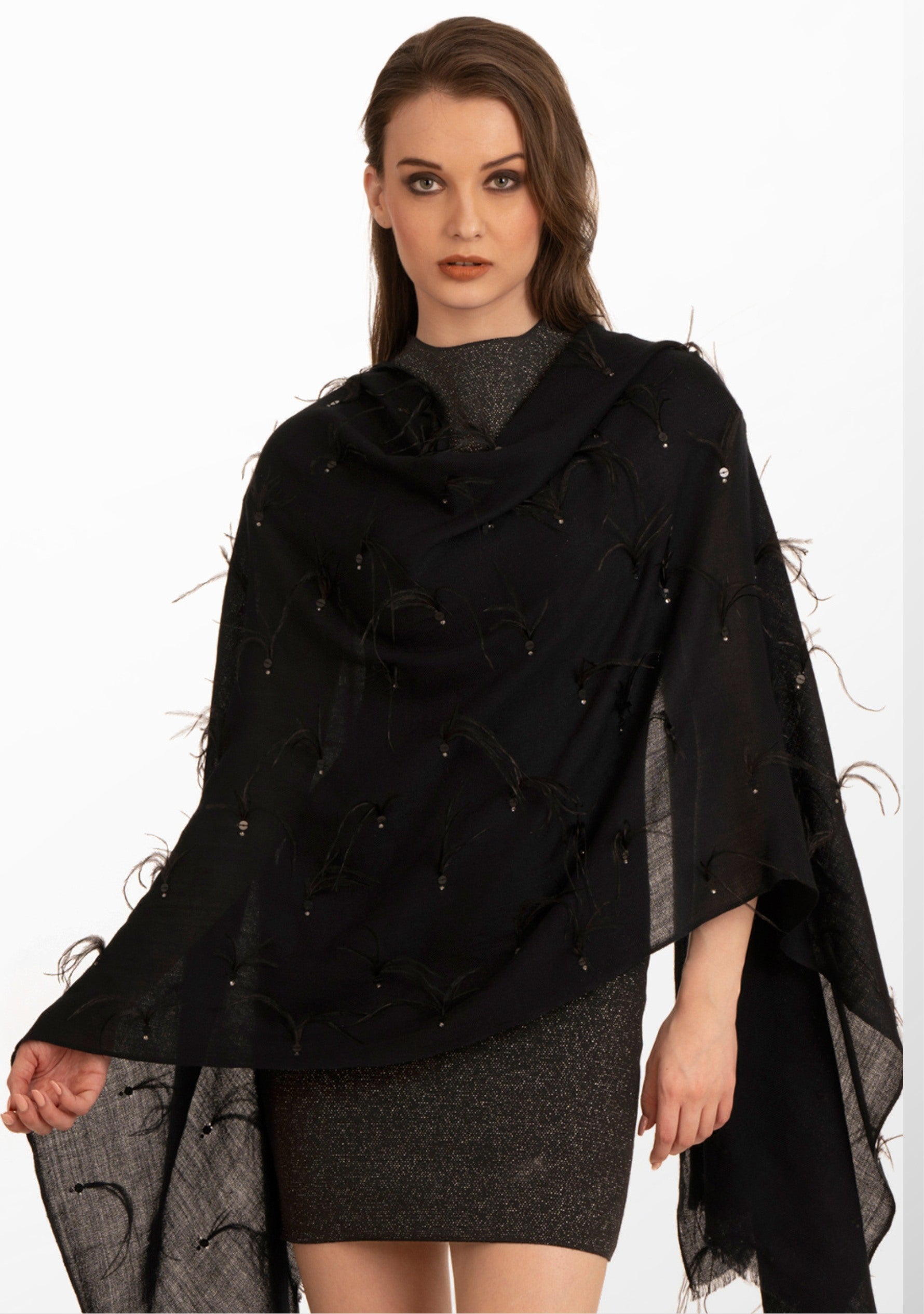 Black Cashmere Pashmina Scarf Black Ostrich Feathers & Silver Swarovski Crystal