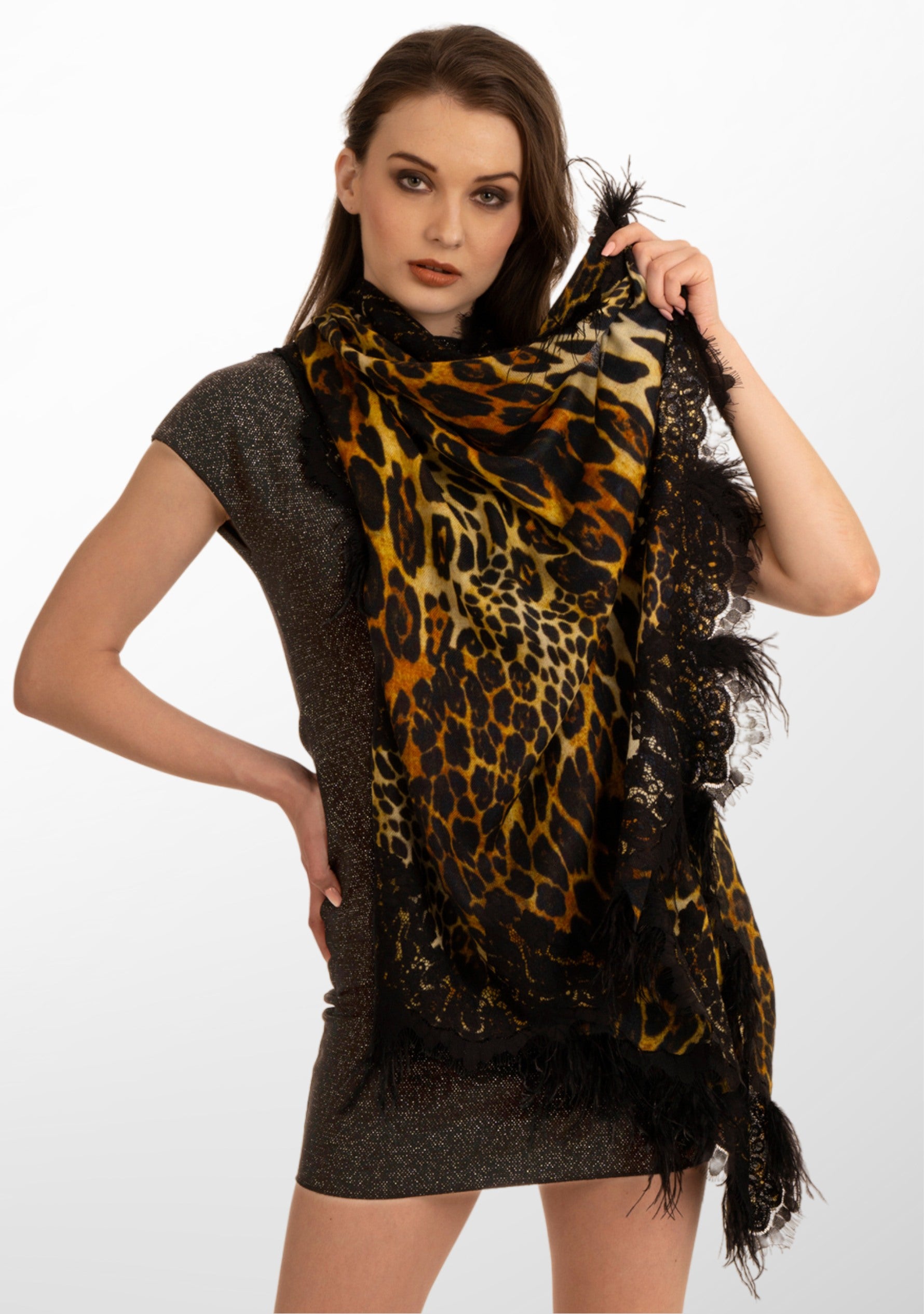 Black Leopard Print Wool & Silk Scarf
Black Lace & Feathers