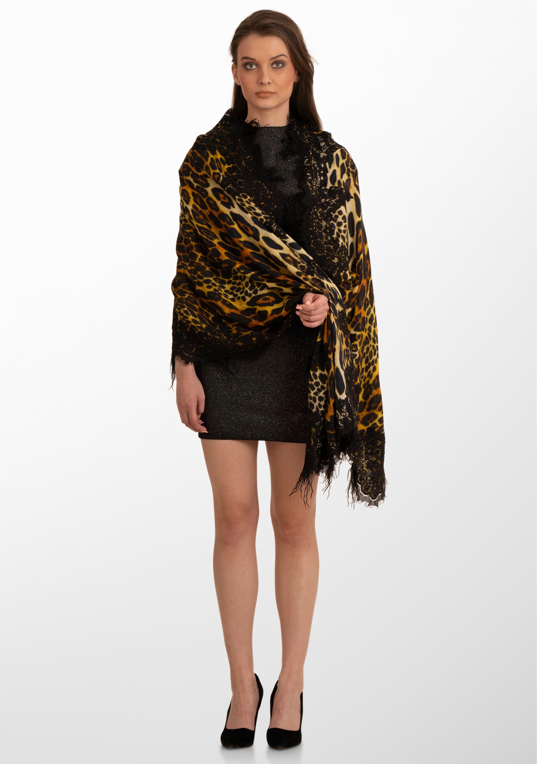 Black Leopard Print Wool & Silk Scarf 
Black Lace & Feathers