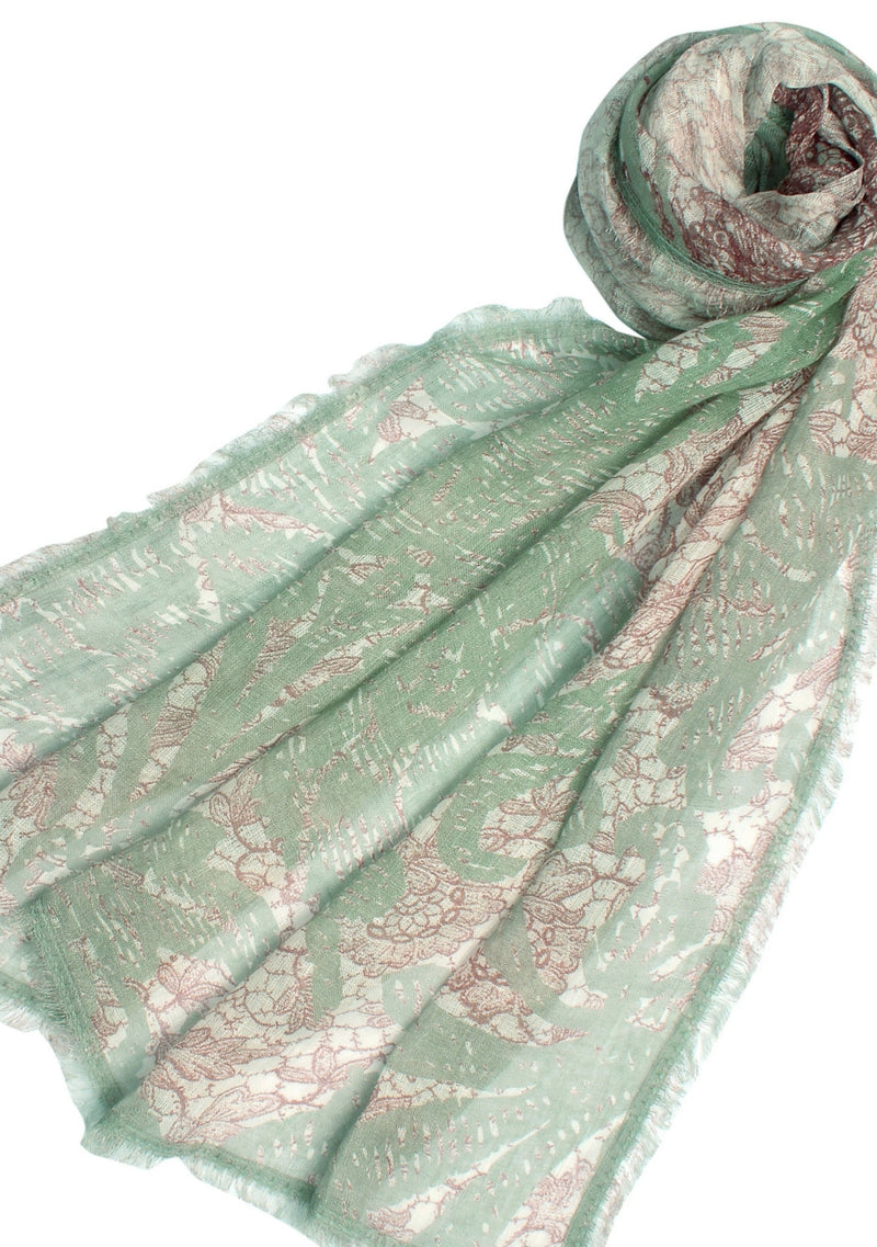 Sage Green and Copper Floral Printed Linen Scarf with a Sage Green Filigree Lace Border