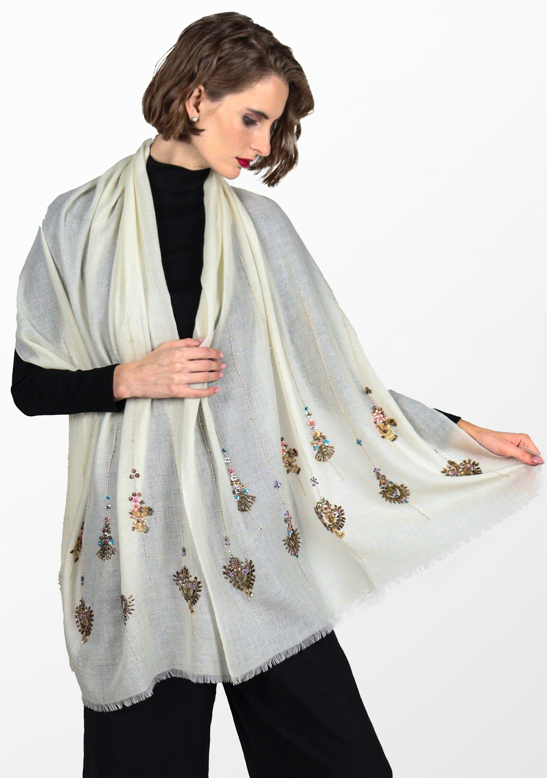 Ivory Cashmere Scarf
Metallic Bead Embroidery