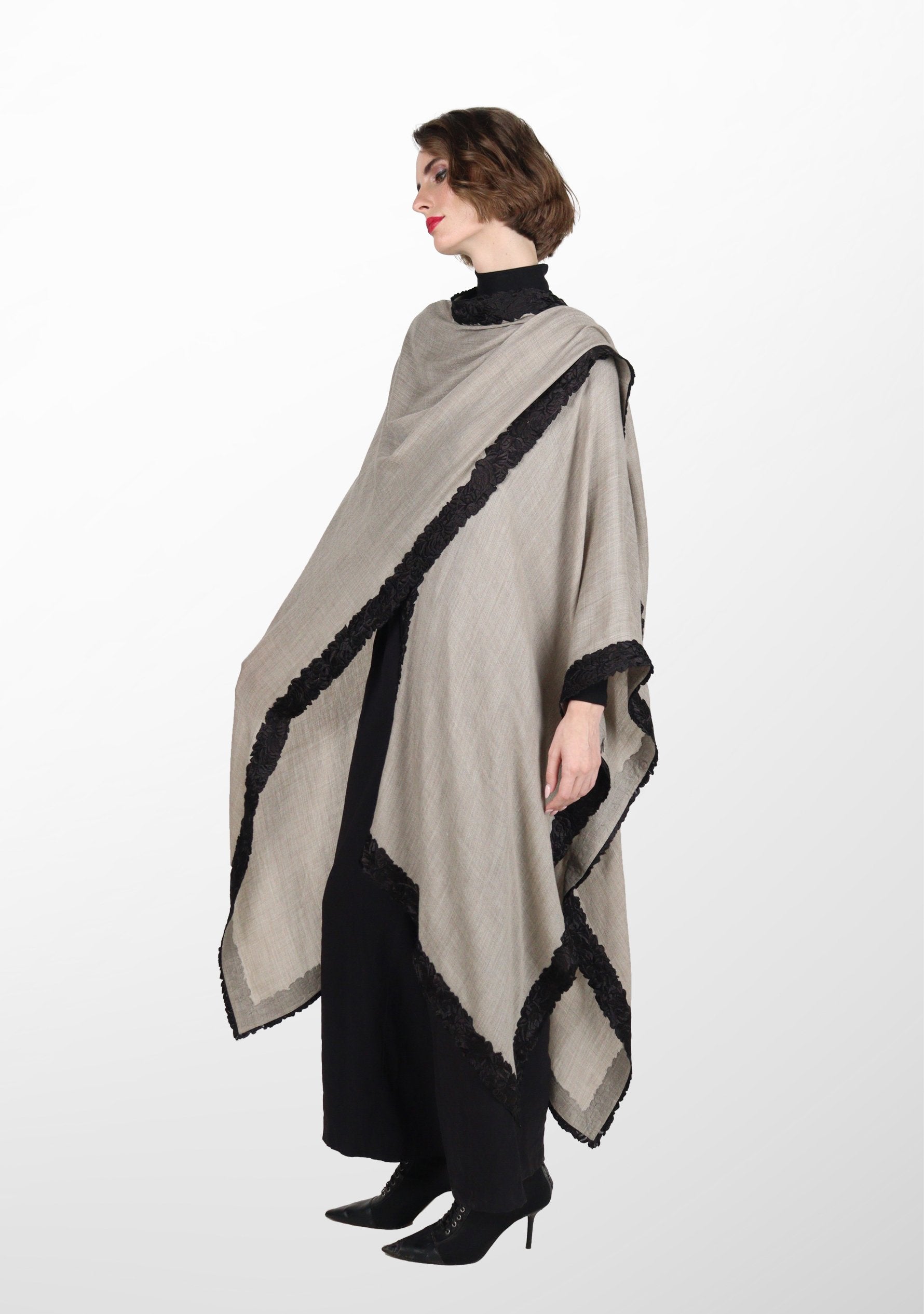Natural Melange Wool & Silk Wrap 
Black Embroidery