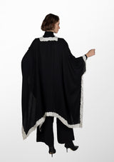 Black Wool and Silk Wrap with an Ivory Floral Embroidery Border