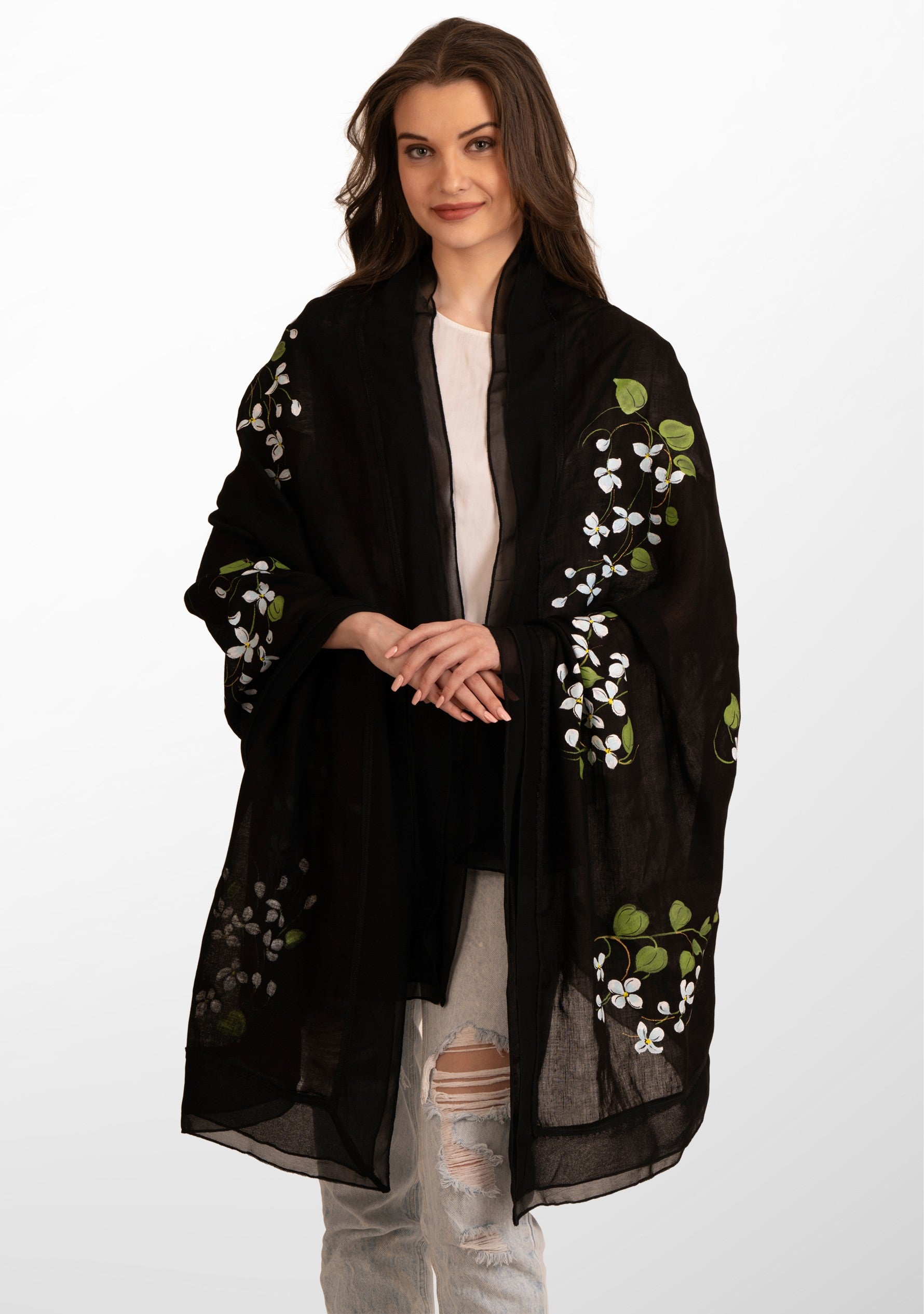 Black Linen & Modal Scarf
 Hand-Painted, Frill & Lace