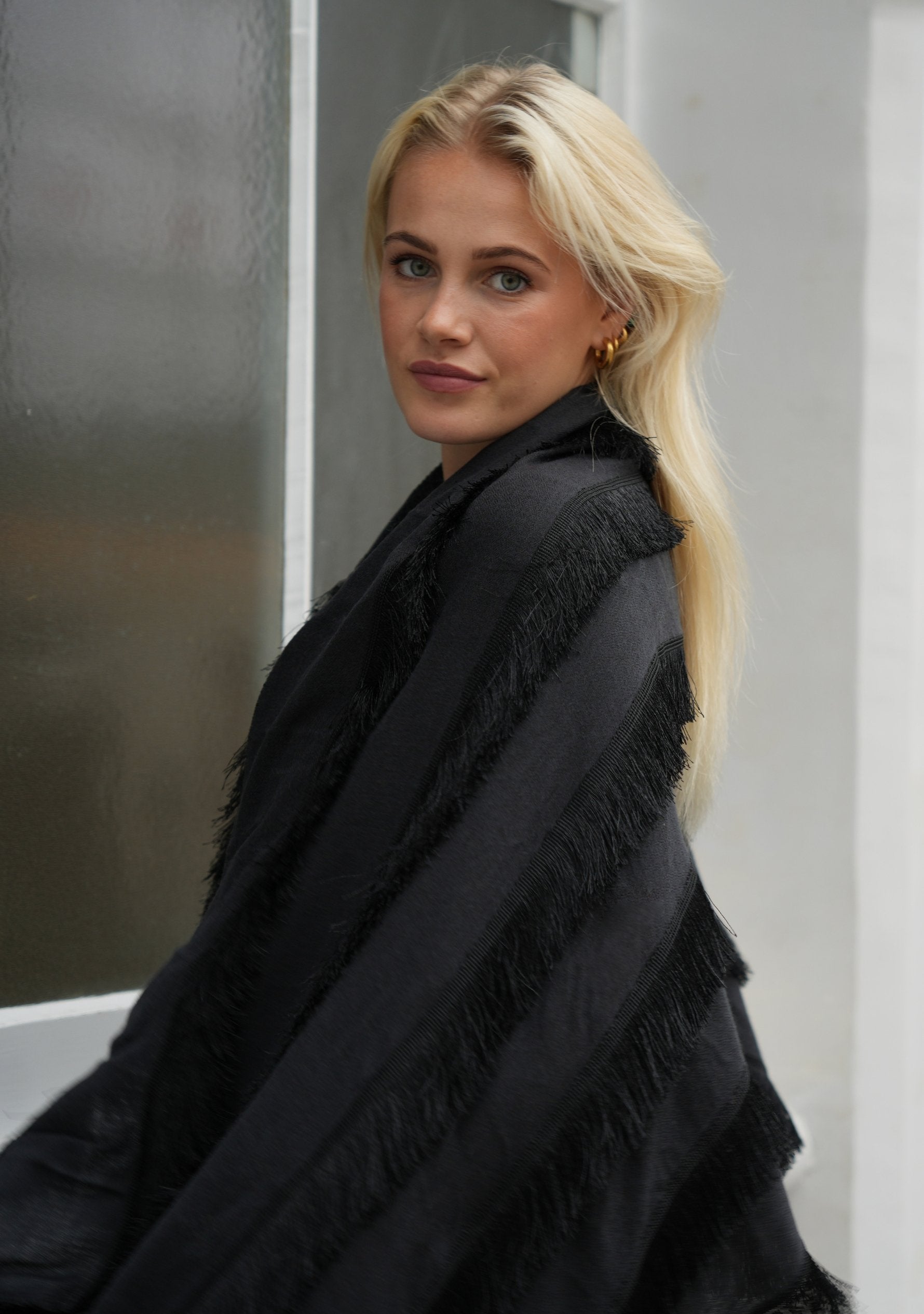 Charcoal Wool & Silk Scarf 
Black Fringe Panels