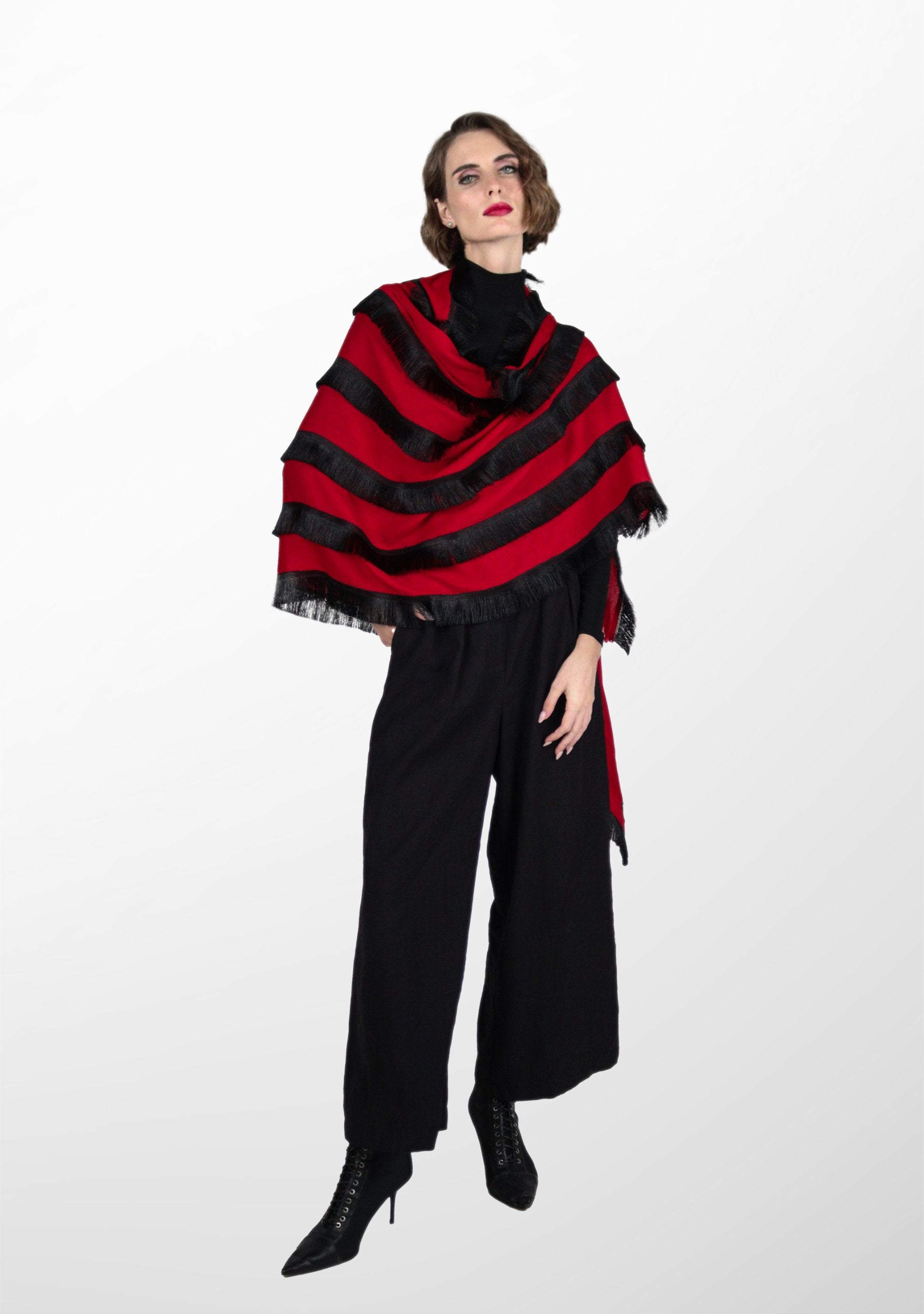 Red Wool & Silk Scarf 
Black Fringe Panels