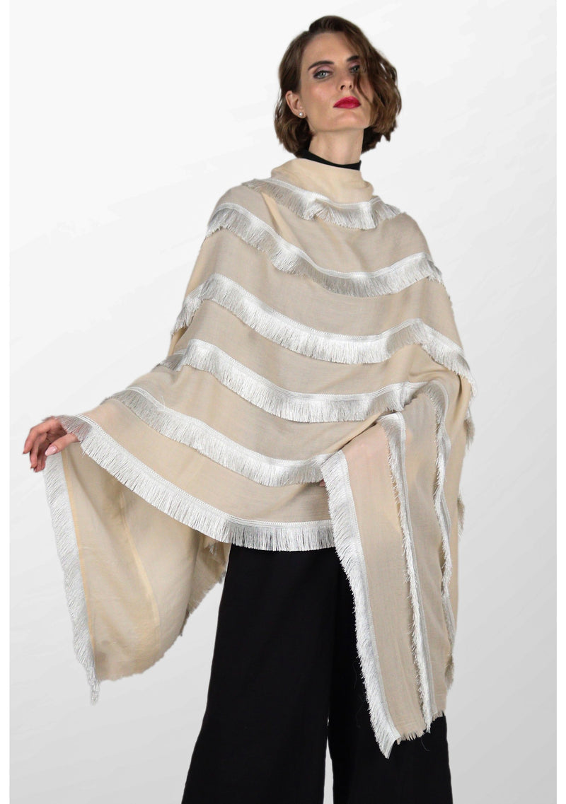 Beige Wool and Silk Scarf with White Fringe Panels