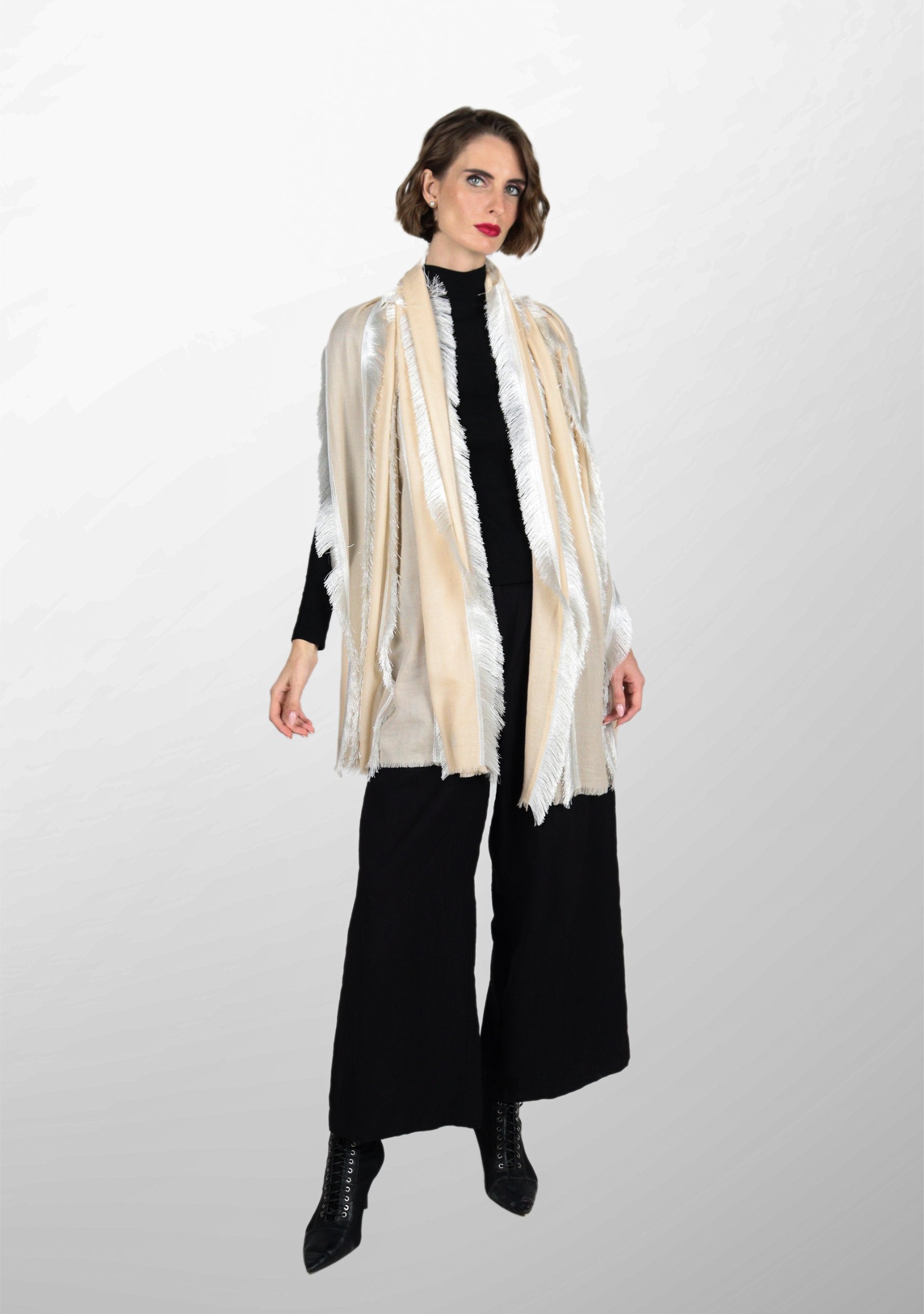 Beige Wool & Silk Scarf 
White Fringe Panels