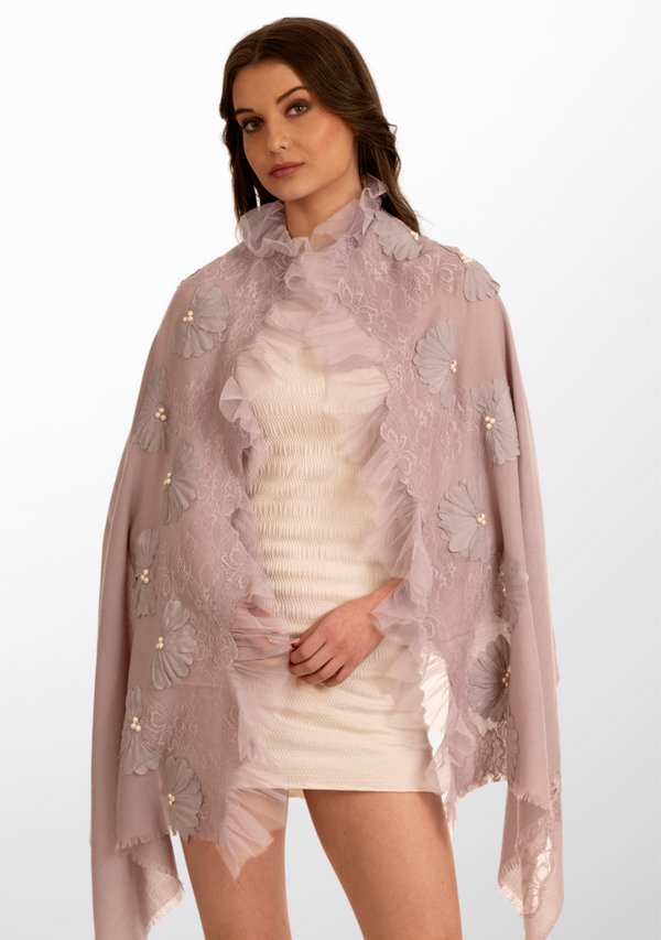 Lavender Cashmere Scarf with Lavender Pearls, Embroidery, Frill and Lace Detailing