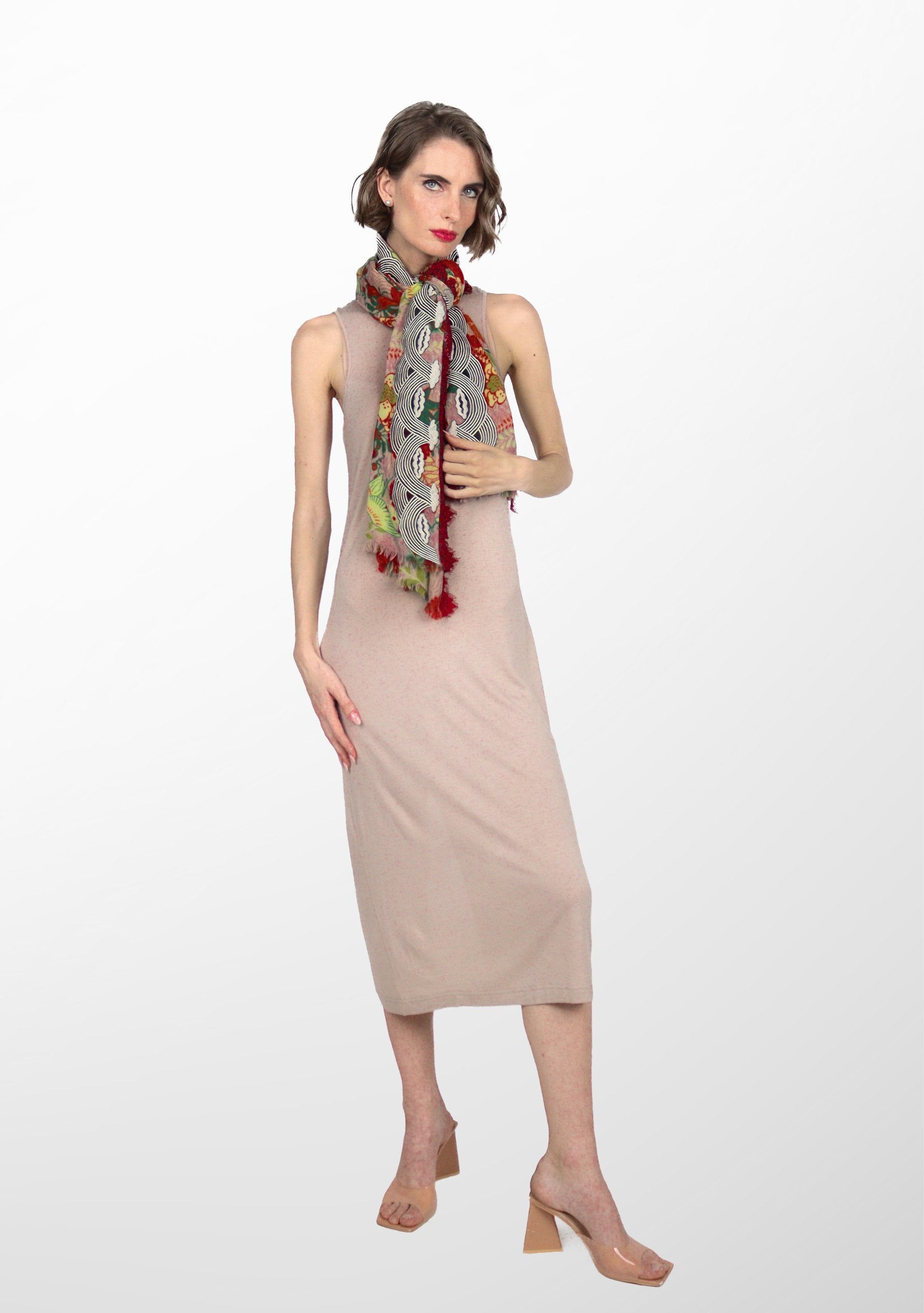 Red Print Wool & Silk Scarf  Embroidery & Red-Gray Lace