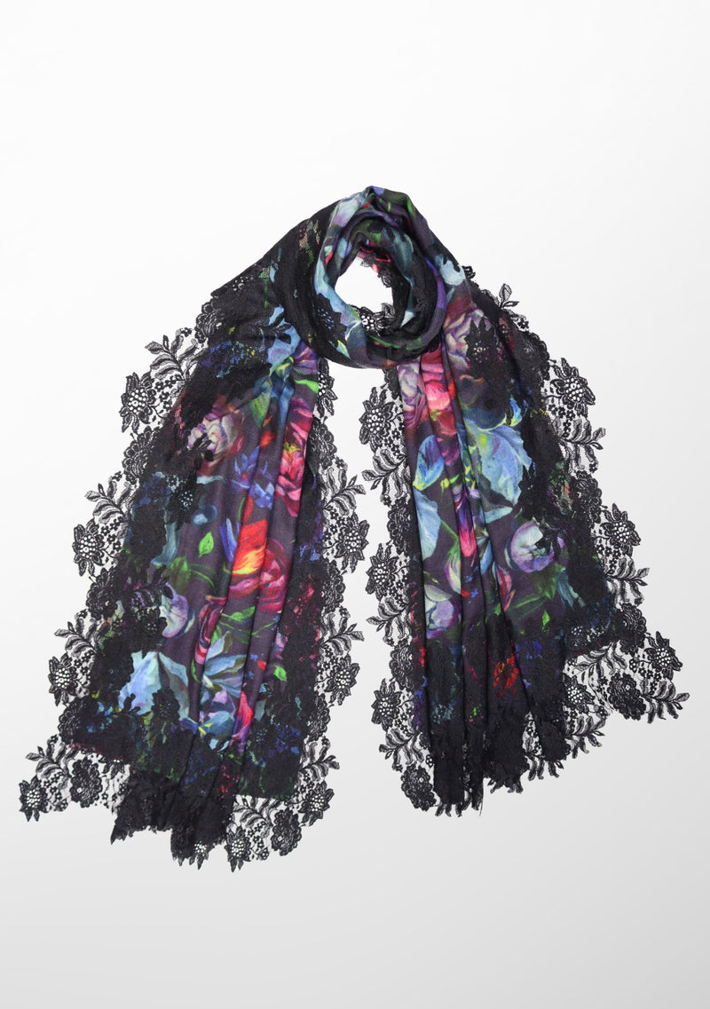 Tulip Print Wool and Silk Scarf with a Black Floral Lace Border