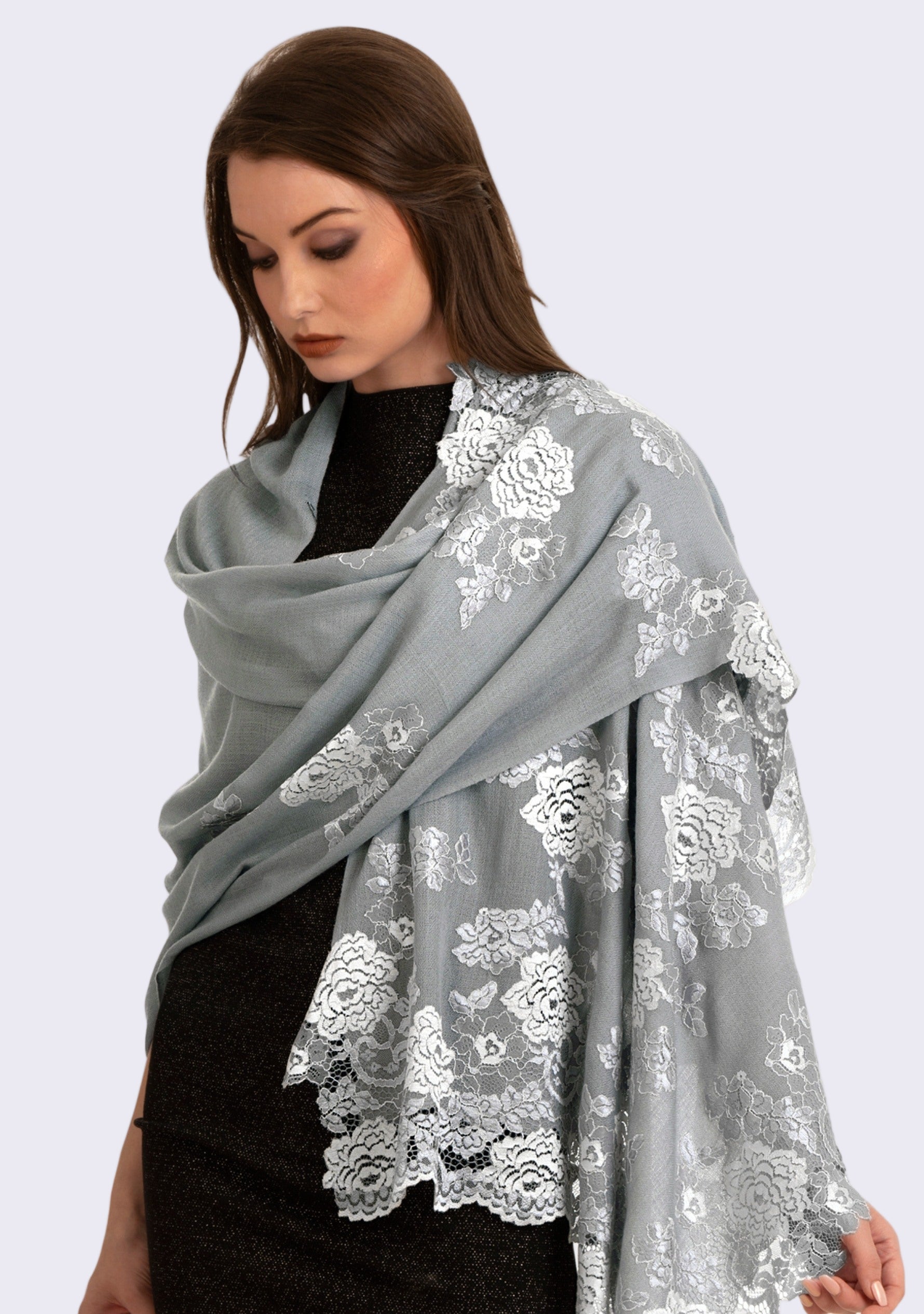Silver Gray Cashmere Scarf Silver Gray & Lt. Blue Lace