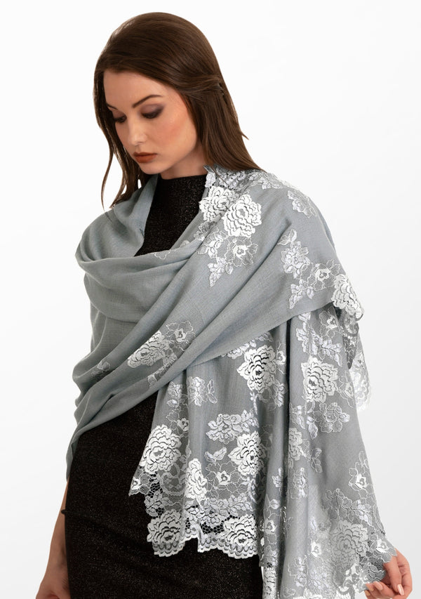 Silver Grey Cashmere Scarf with Dual Shade Silver Grey and Lt. Blue Chantilly Lace