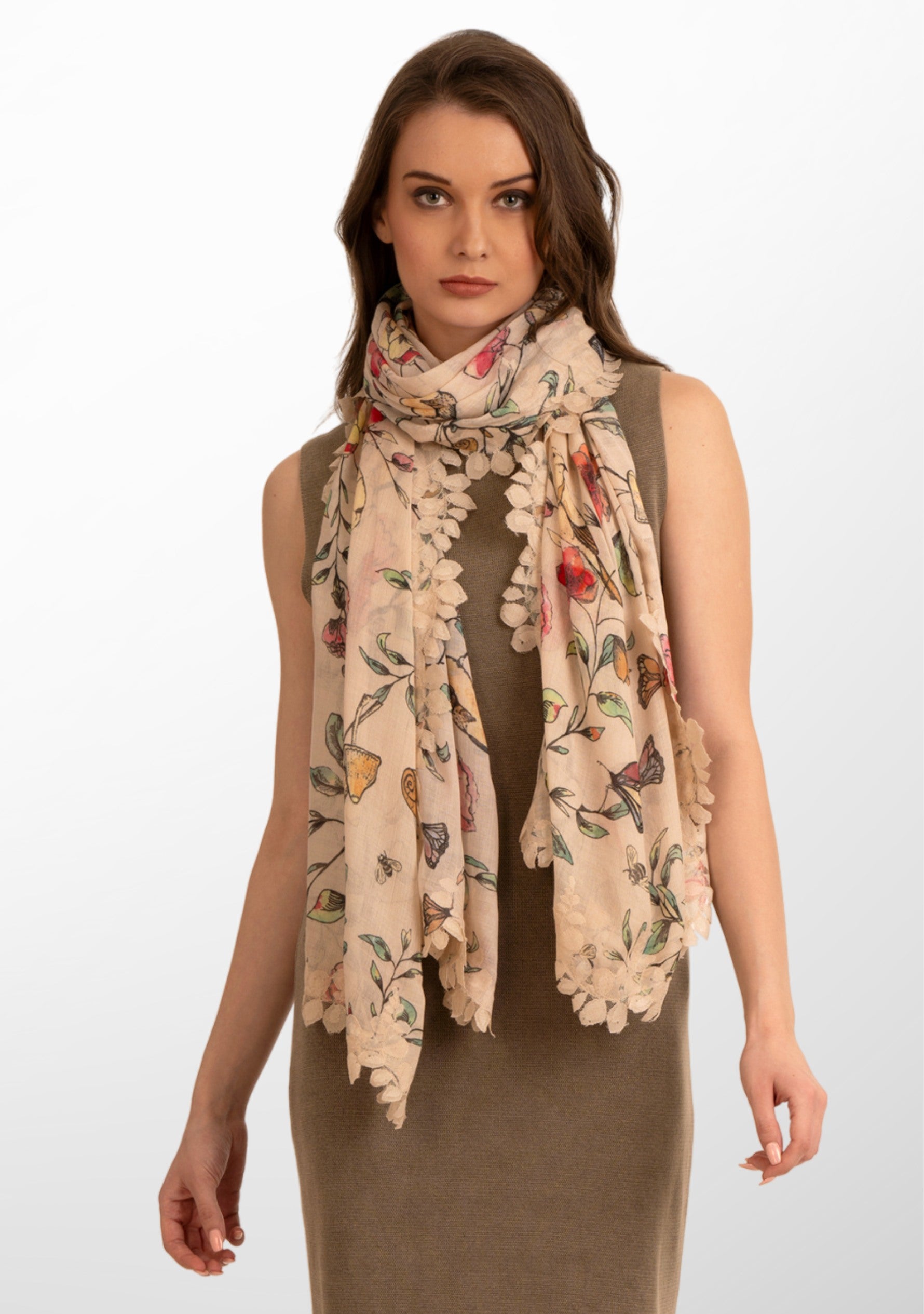 Beige Print Modal Silk Scarf, Beige Lace