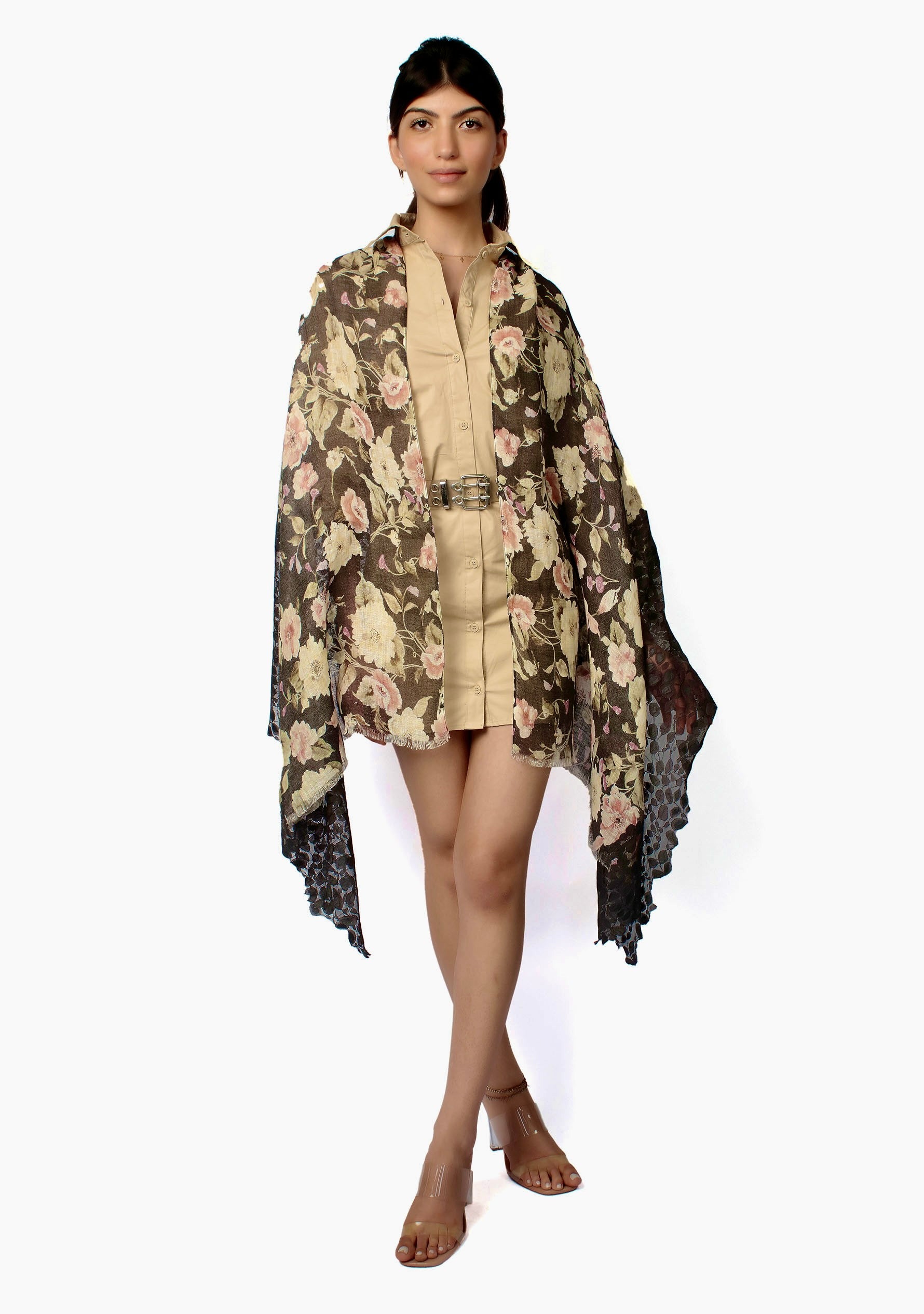 Linen Print Scarf Dk. Gray Lace