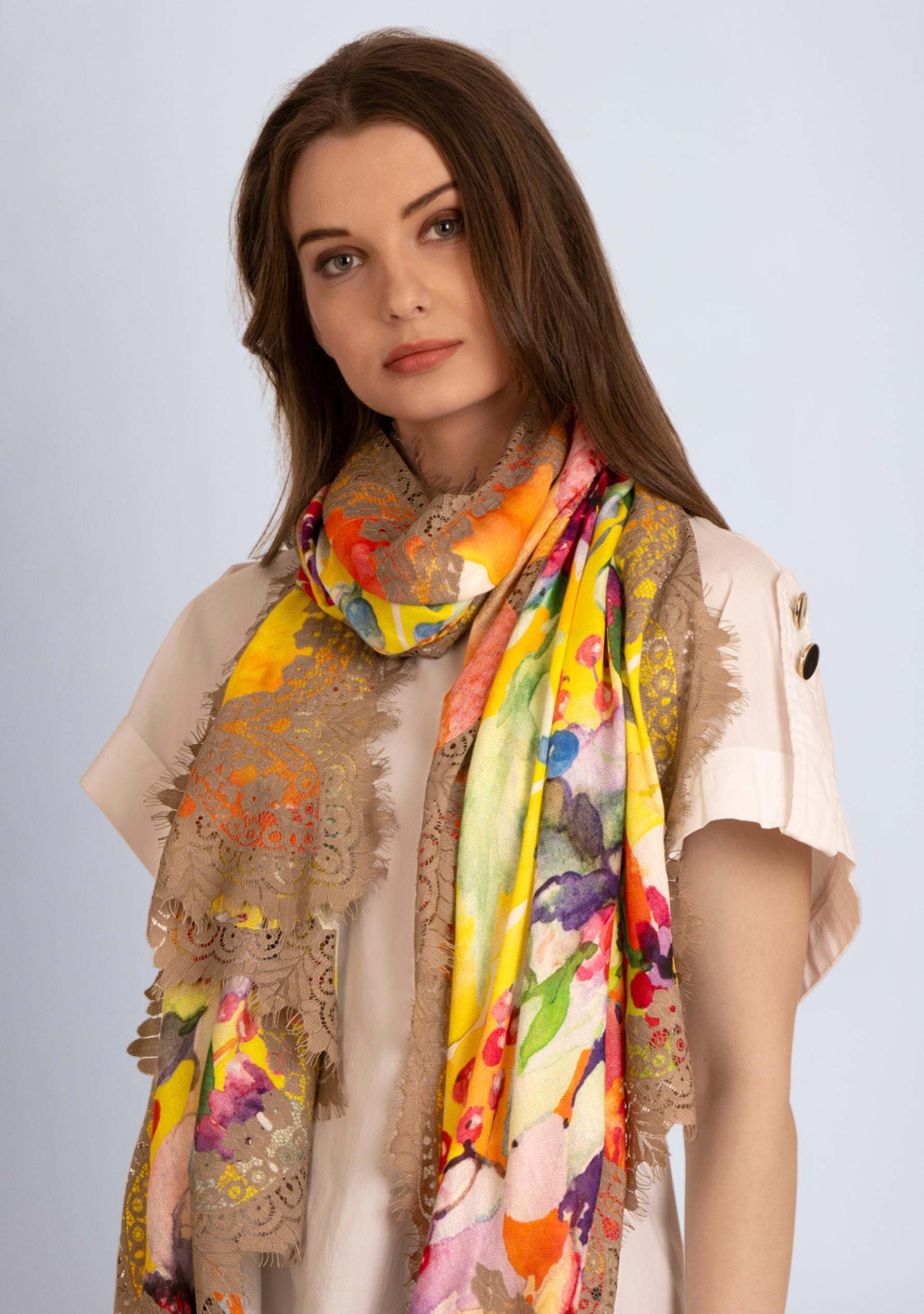Yellow Print Modal & Cashmere Scarf 
Taupe Lace