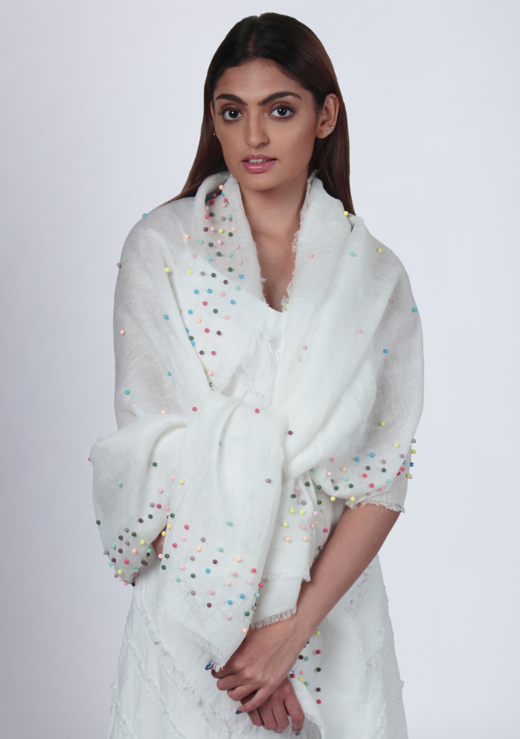 Ivory Linen & Modal Scarf 
Multi-colored Pearls