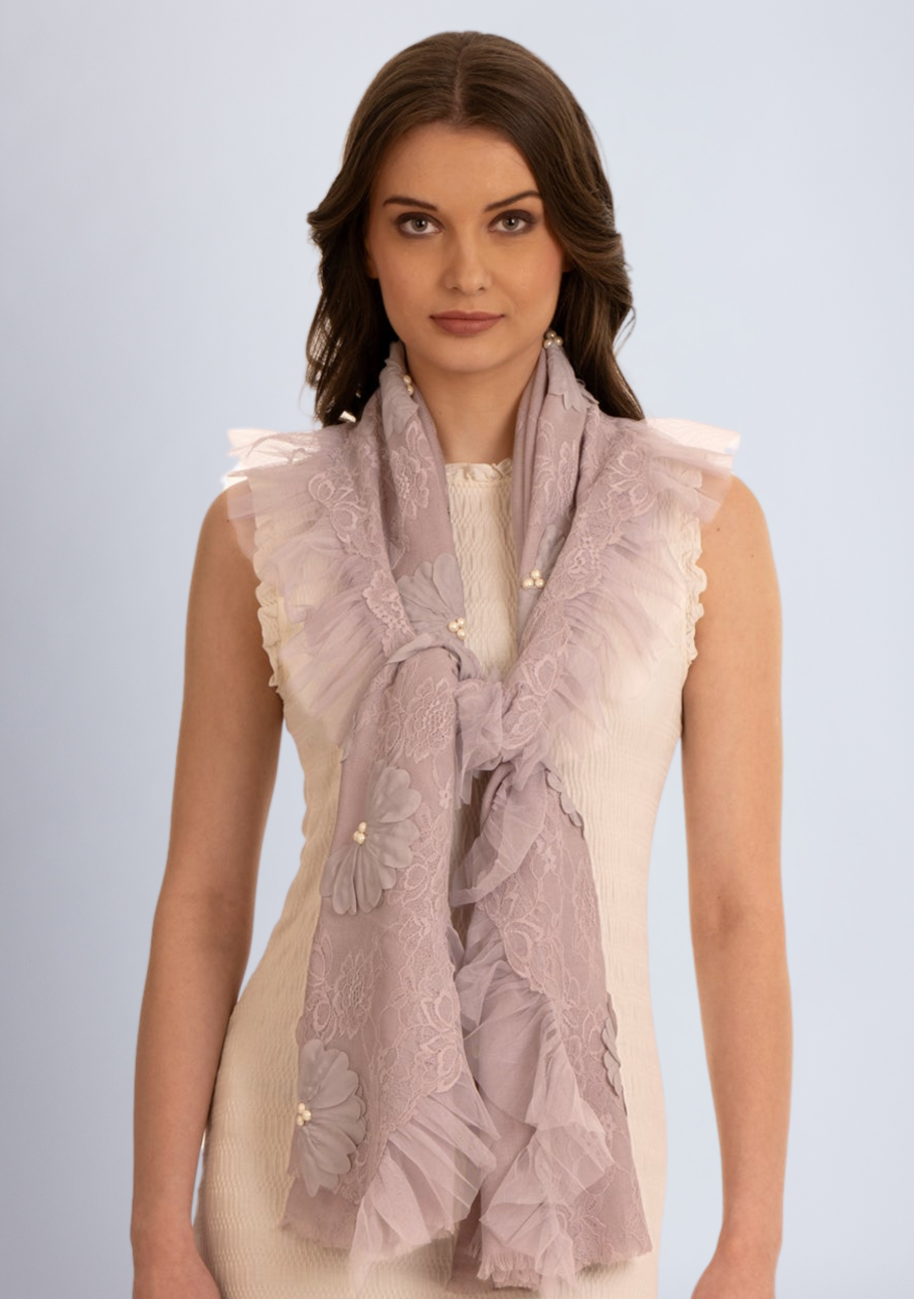 Lavender Cashmere Scarf 
Lavender Appliqués, Frill & Lace