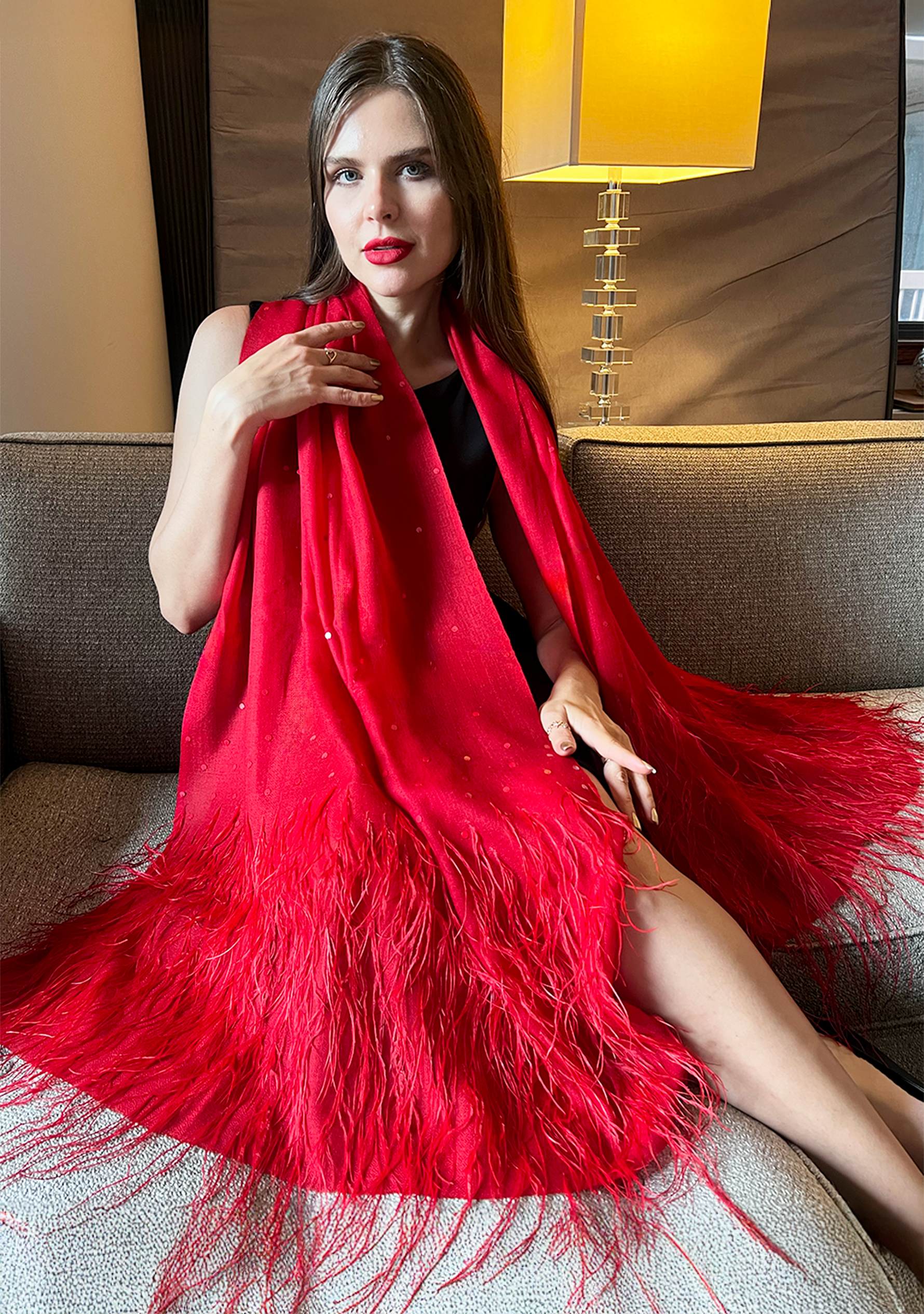 Firecracker Red Cashmere Pashmina Scarf Red Ostrich Feathers & Sequin
