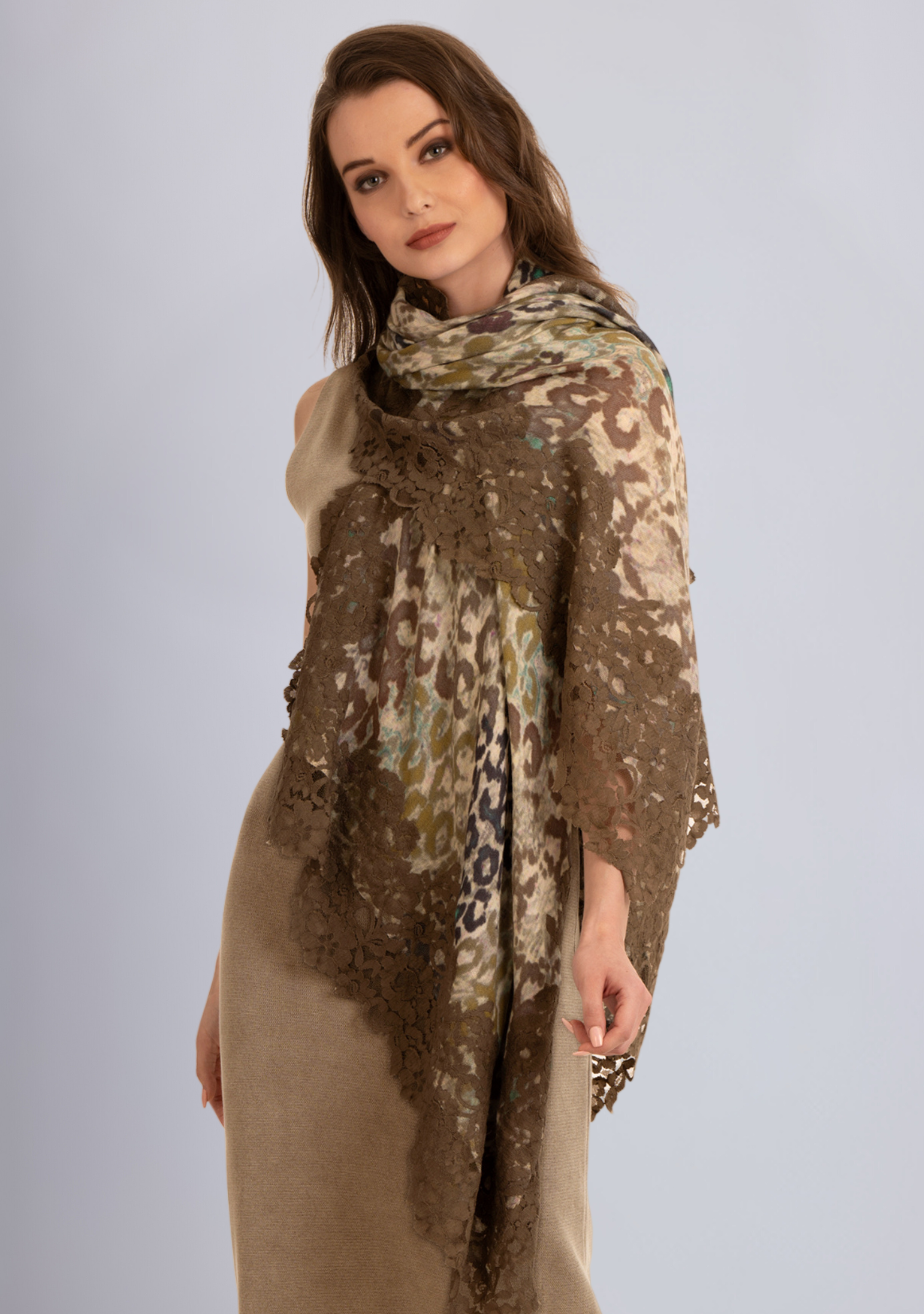 Khaki Leopard Print Wool & Silk Scarf
Khaki Lace