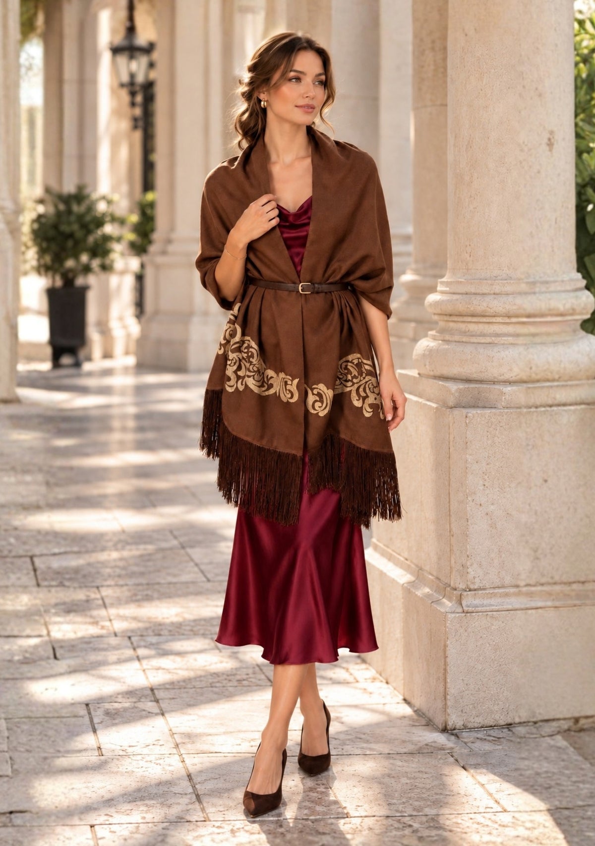 Maneesha Ruia Brown Fine Wool Scarf with gold metallic embroidery and brown fringes