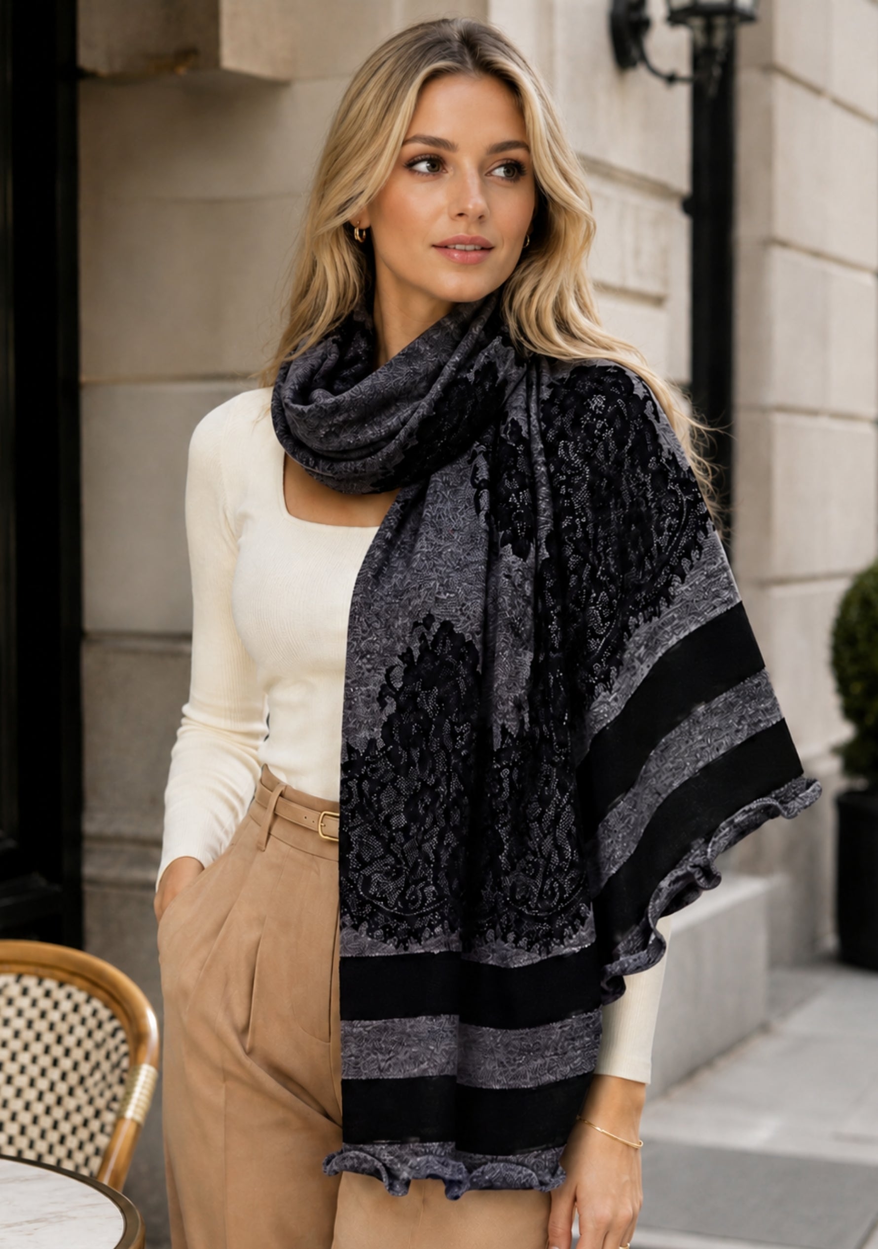 Charcoal melange and black wool stole with black lace