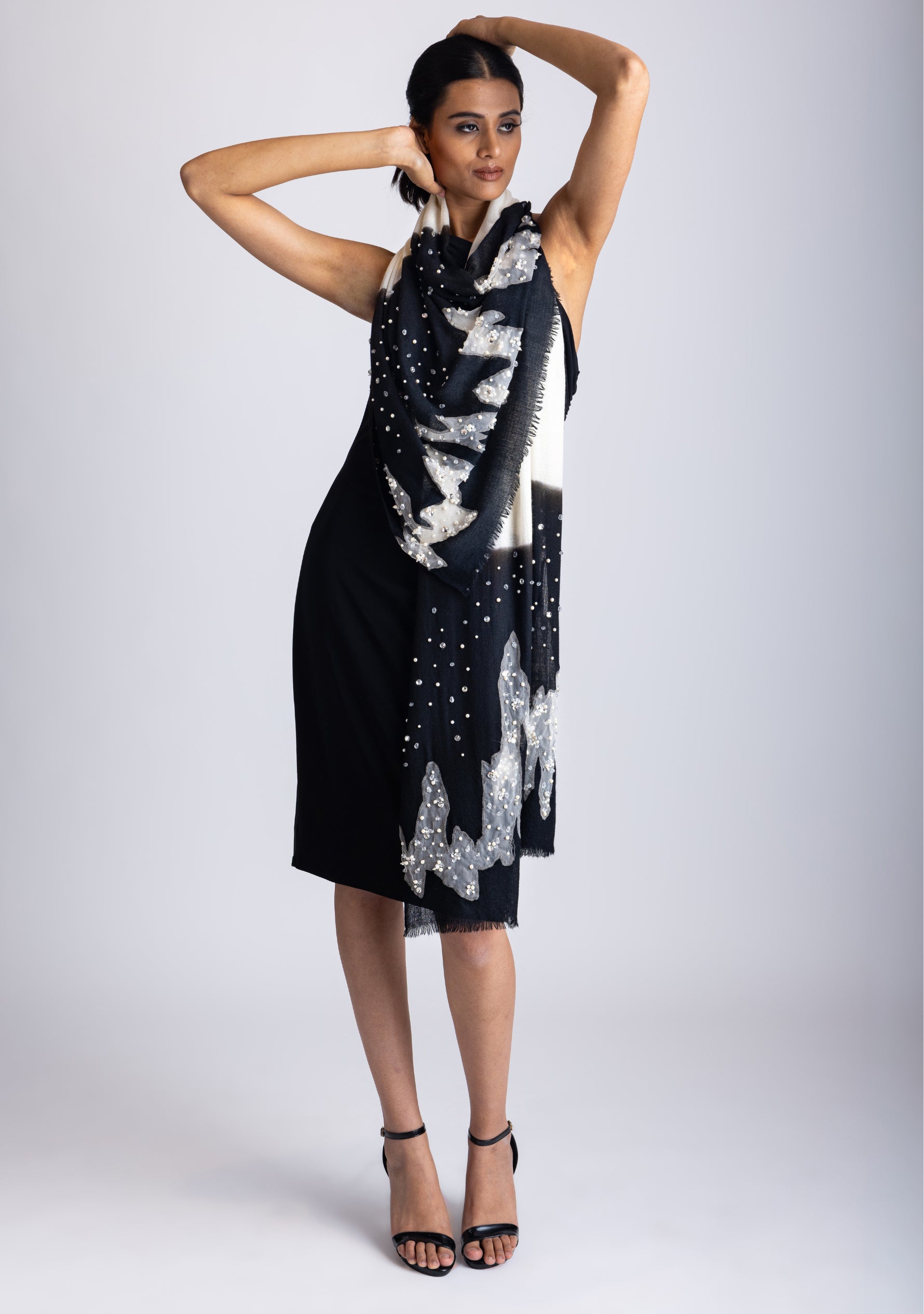 Black-Ivory Cashmere Scarf
Silver Rhinestones & White Pearls