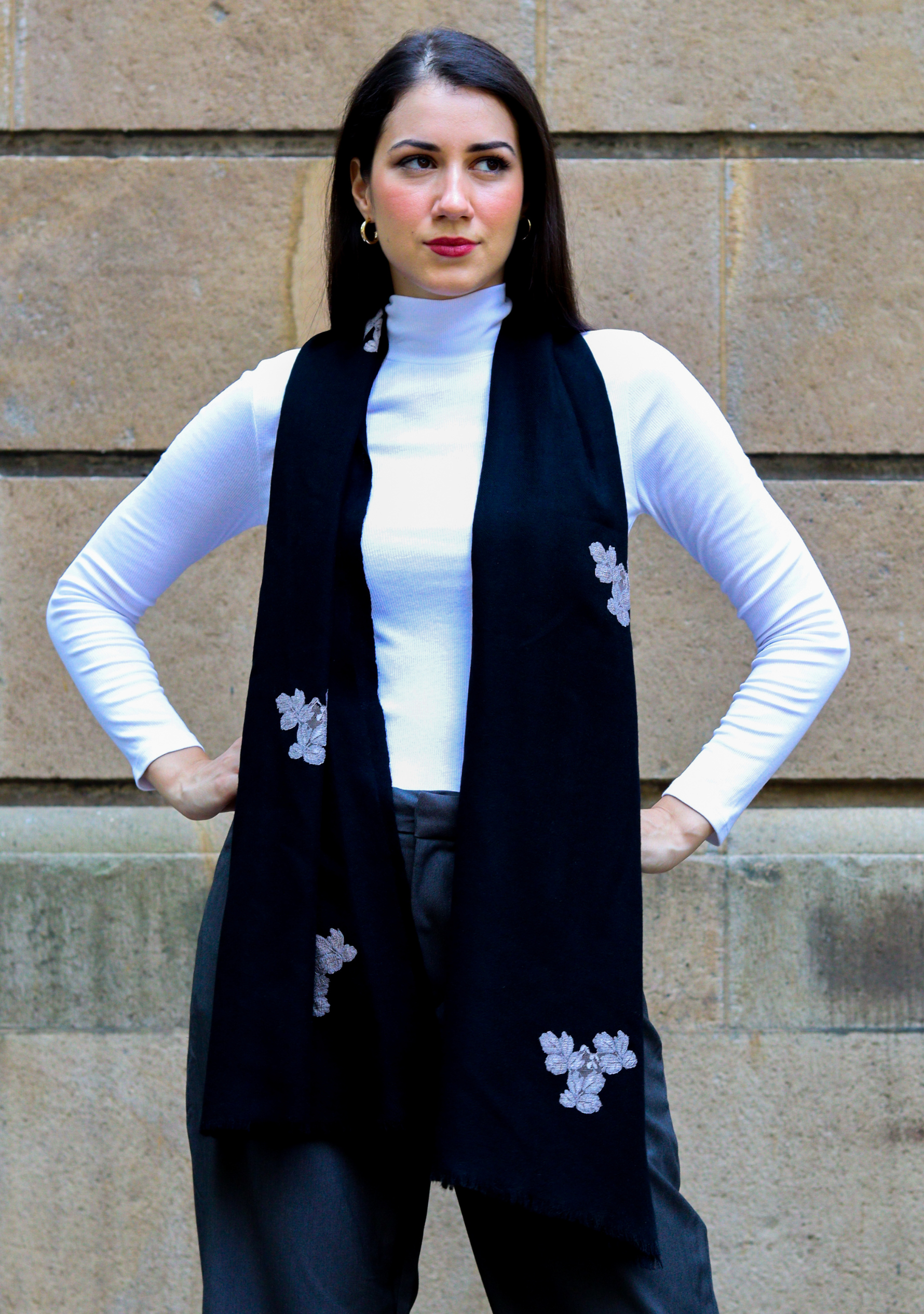 Black Wool Scarf
Antique Silver Lace