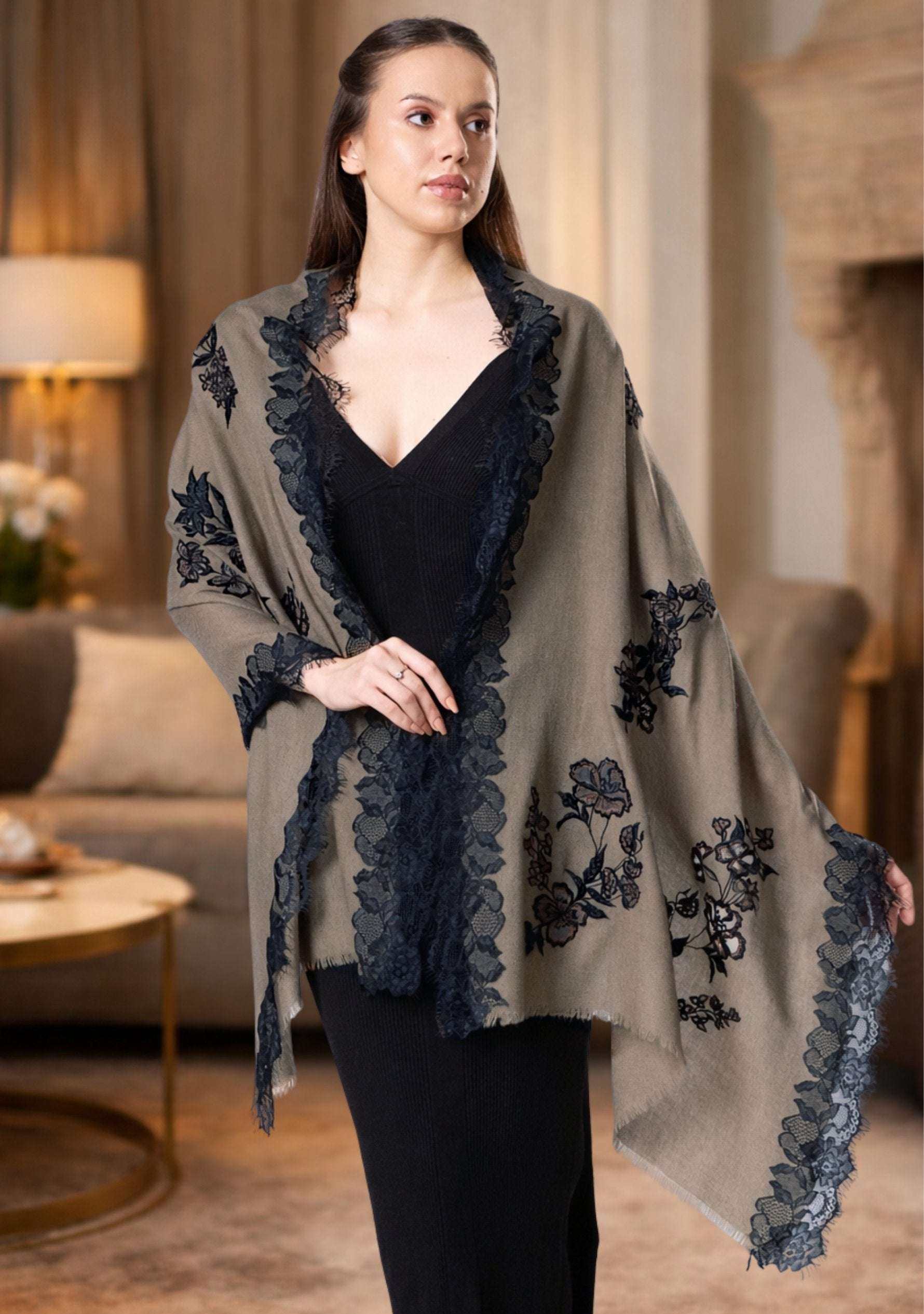 Maneesha Ruia Taupe Cashmere Scarf — black floral embroidery with black filigree lace and a soft, elegant drape