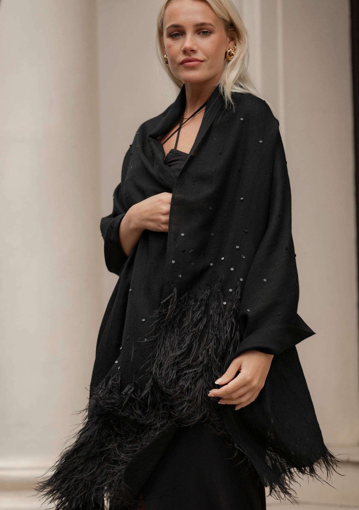 Black cashmere pashmina scarf with black ostrich feathers and sequin