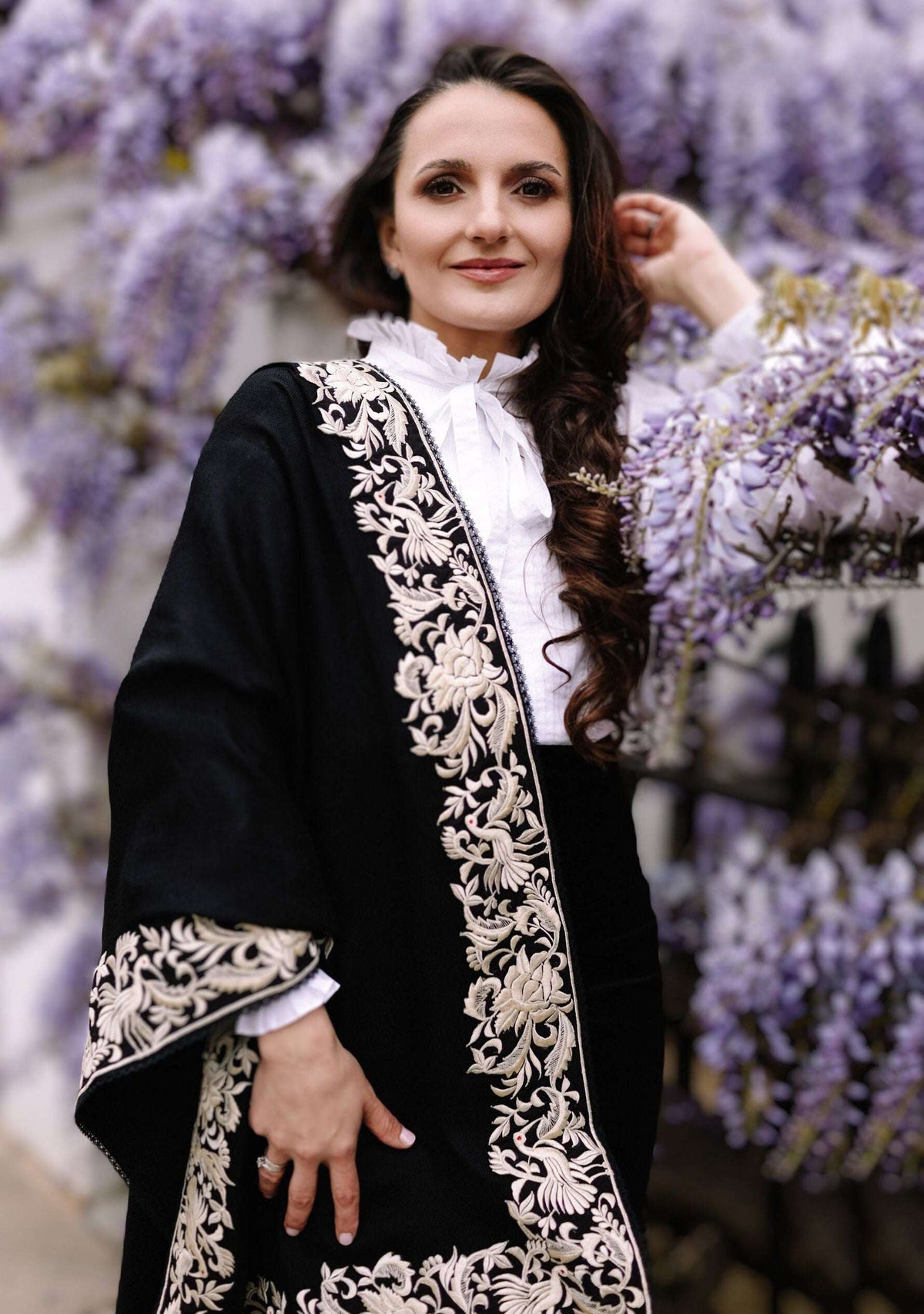 Black cashmere scarf with beige Parsi Gara embroidery and black lace